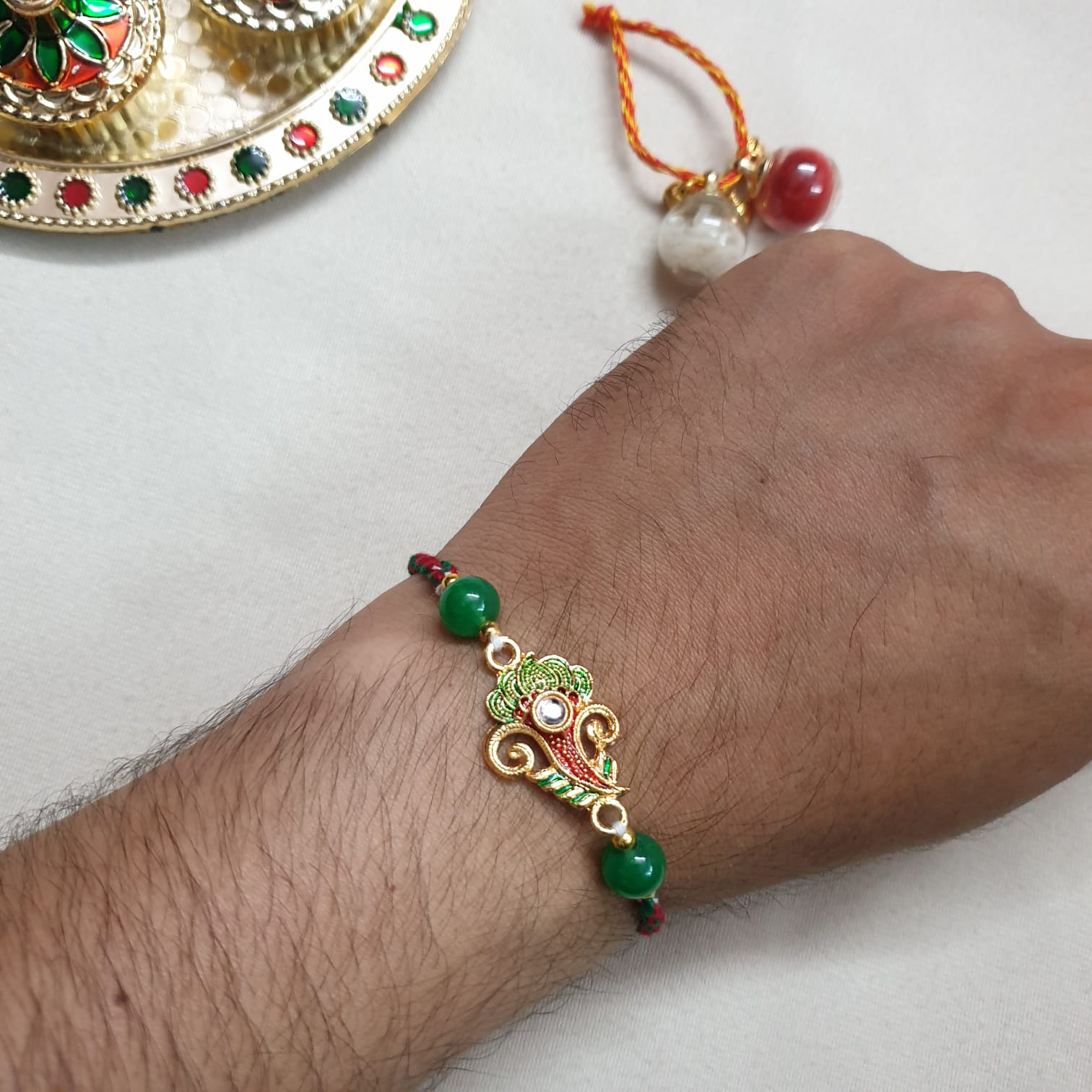 Red Green Bead Rakhi For Brother