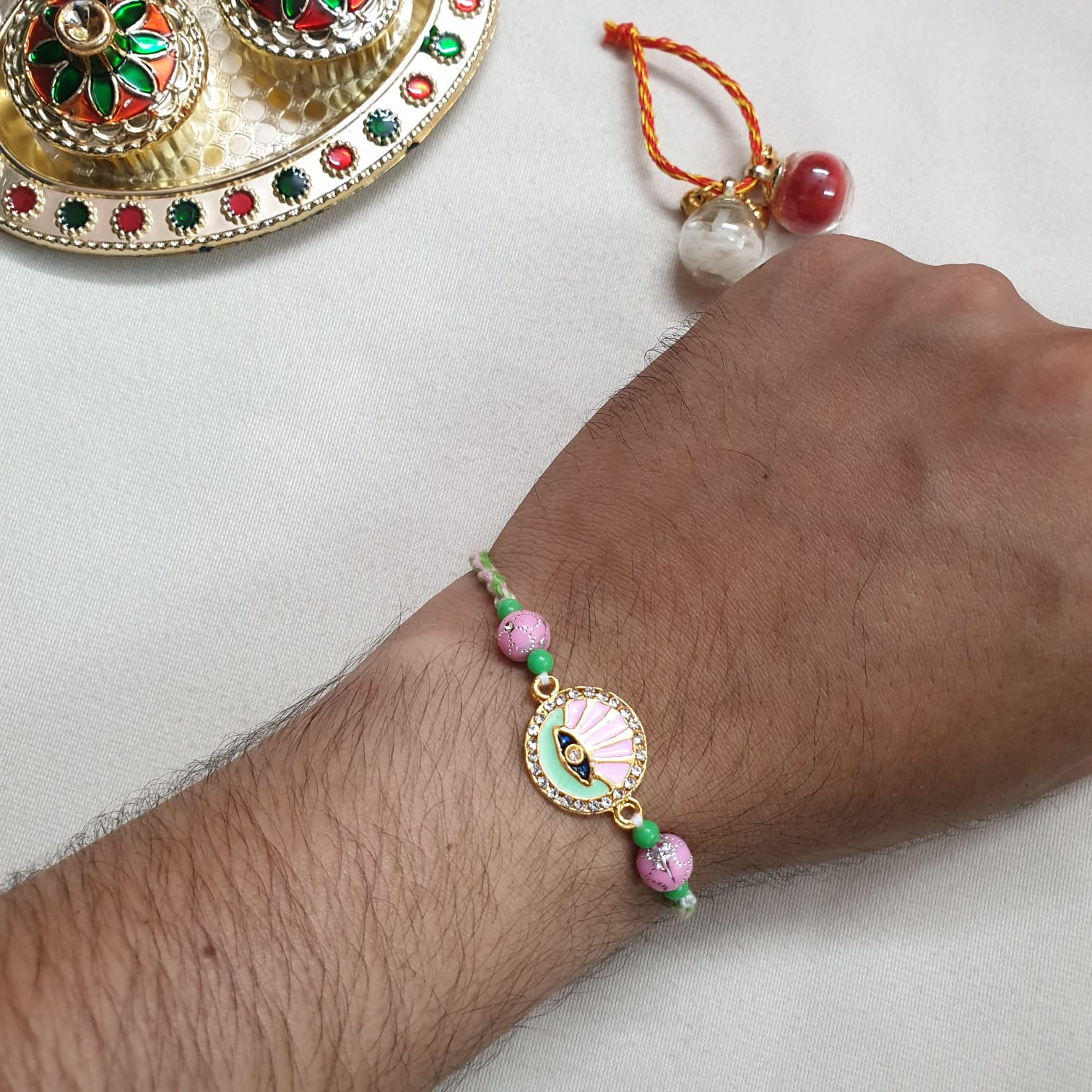 Pink Green Bead Rakhi