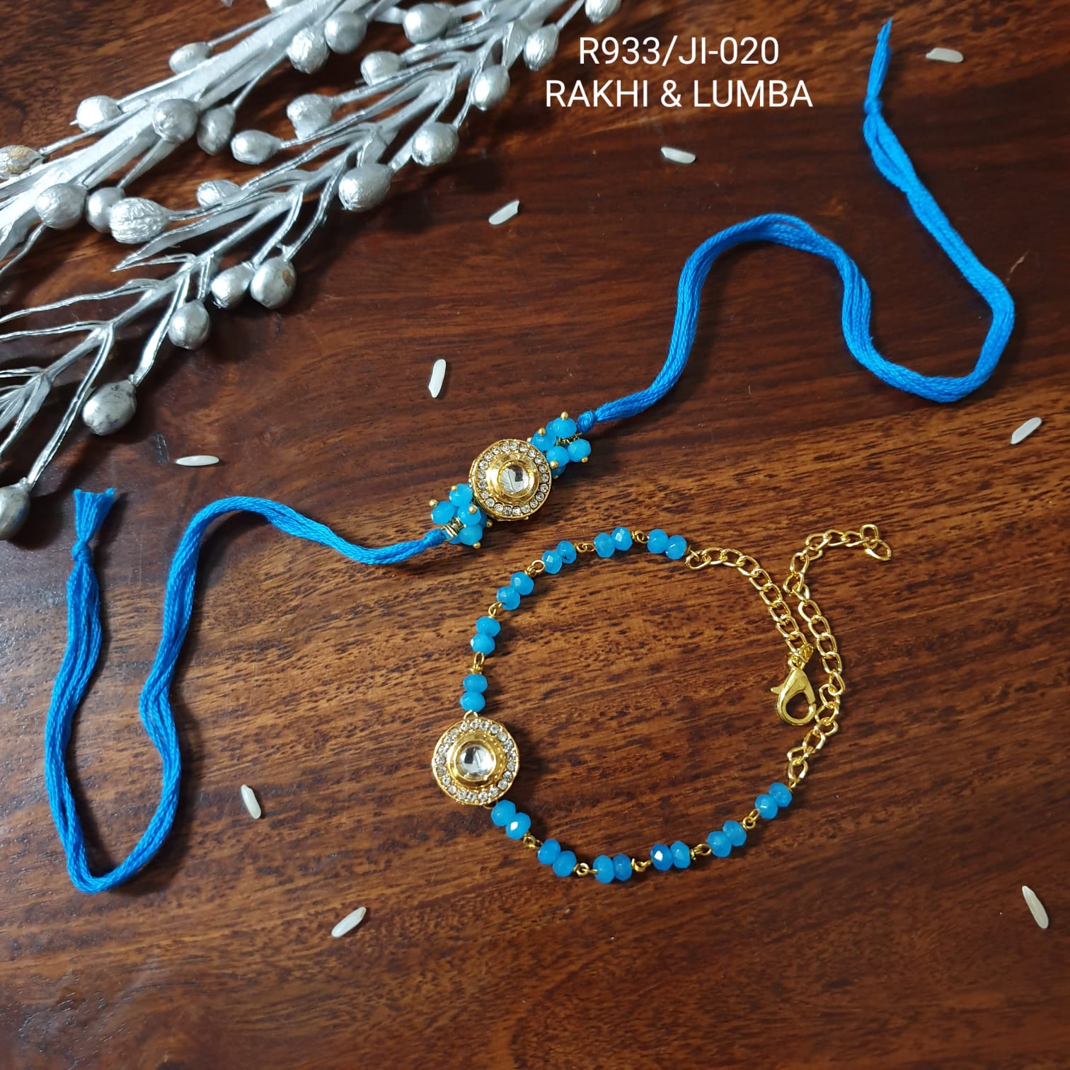 Blue Stone Kundan Bhaiya Bhabhi Rakhi Set