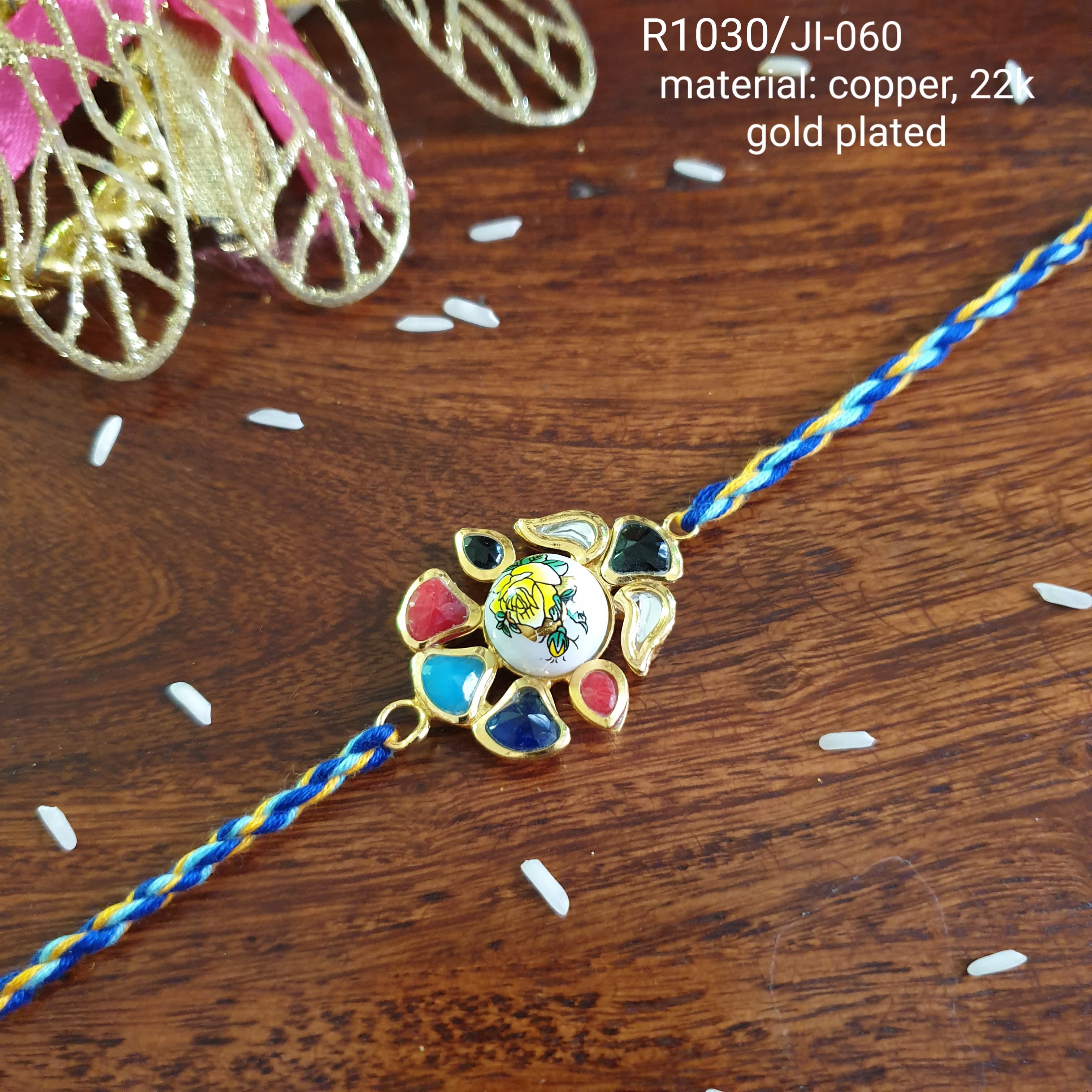 Gold Plated Multi Stone Floral Rakhi