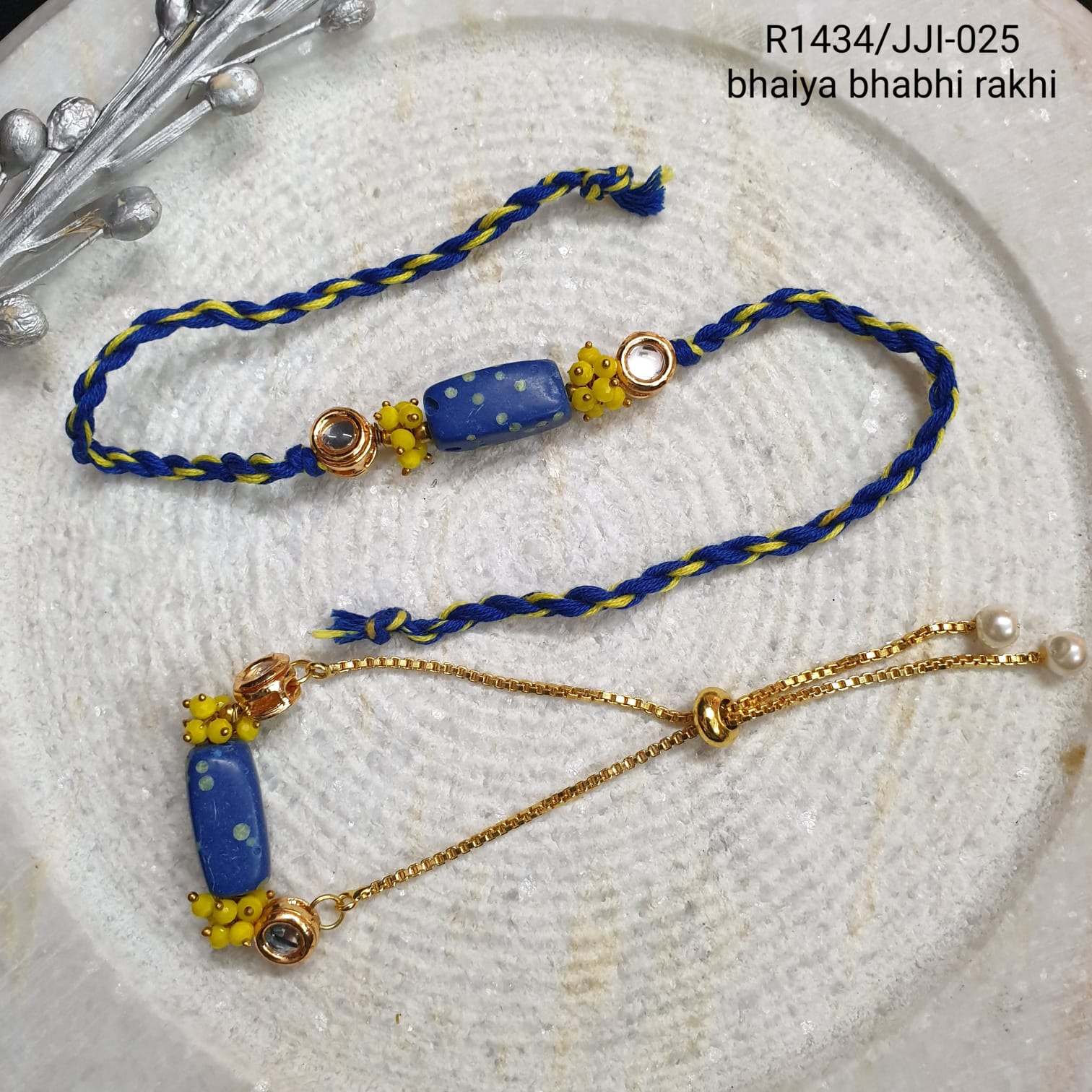 Blue Stone Rakhi Set for Bhaiya Bhabhi