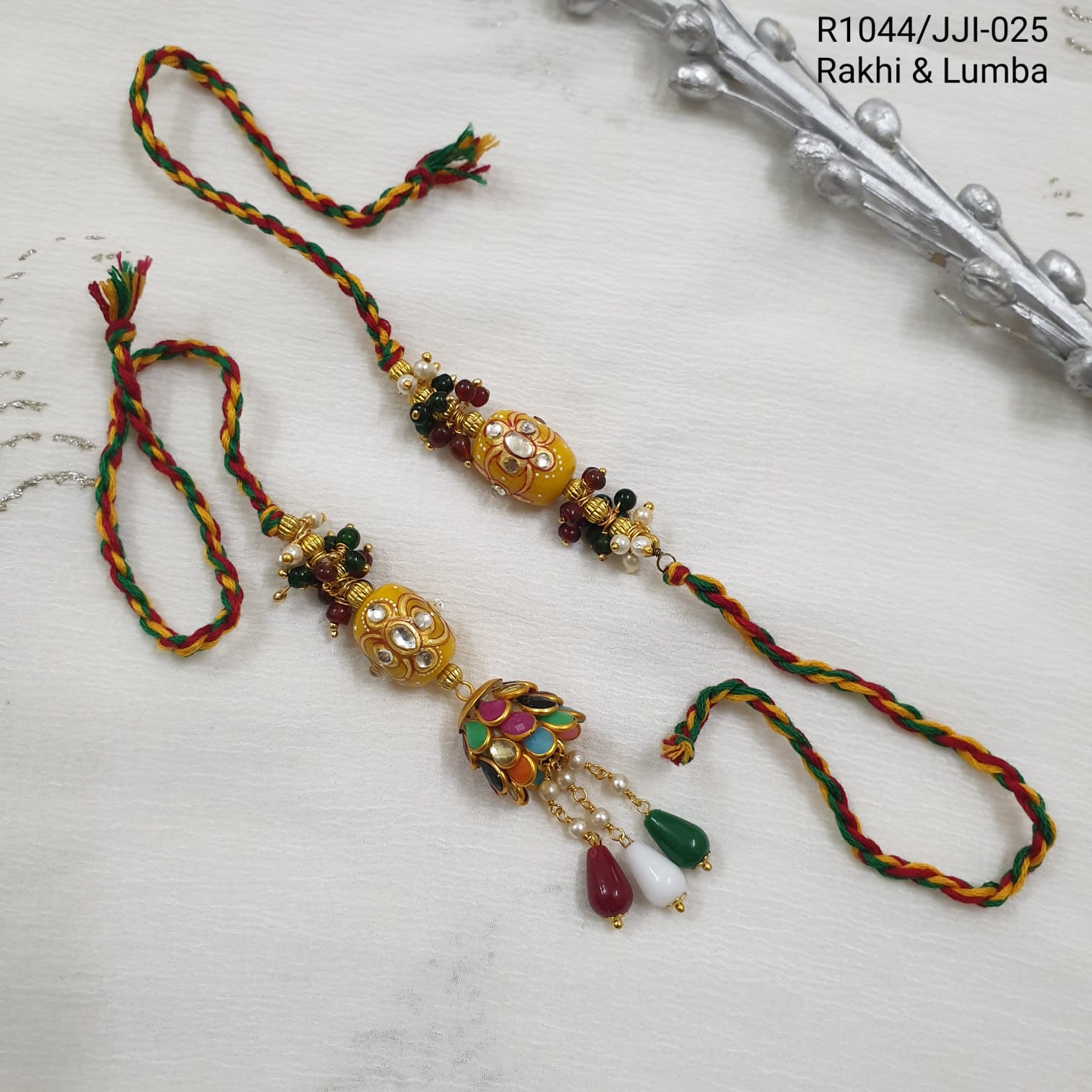 Yellow Handpainted Rakhi And Lumba For Bhaiya Bhabhi