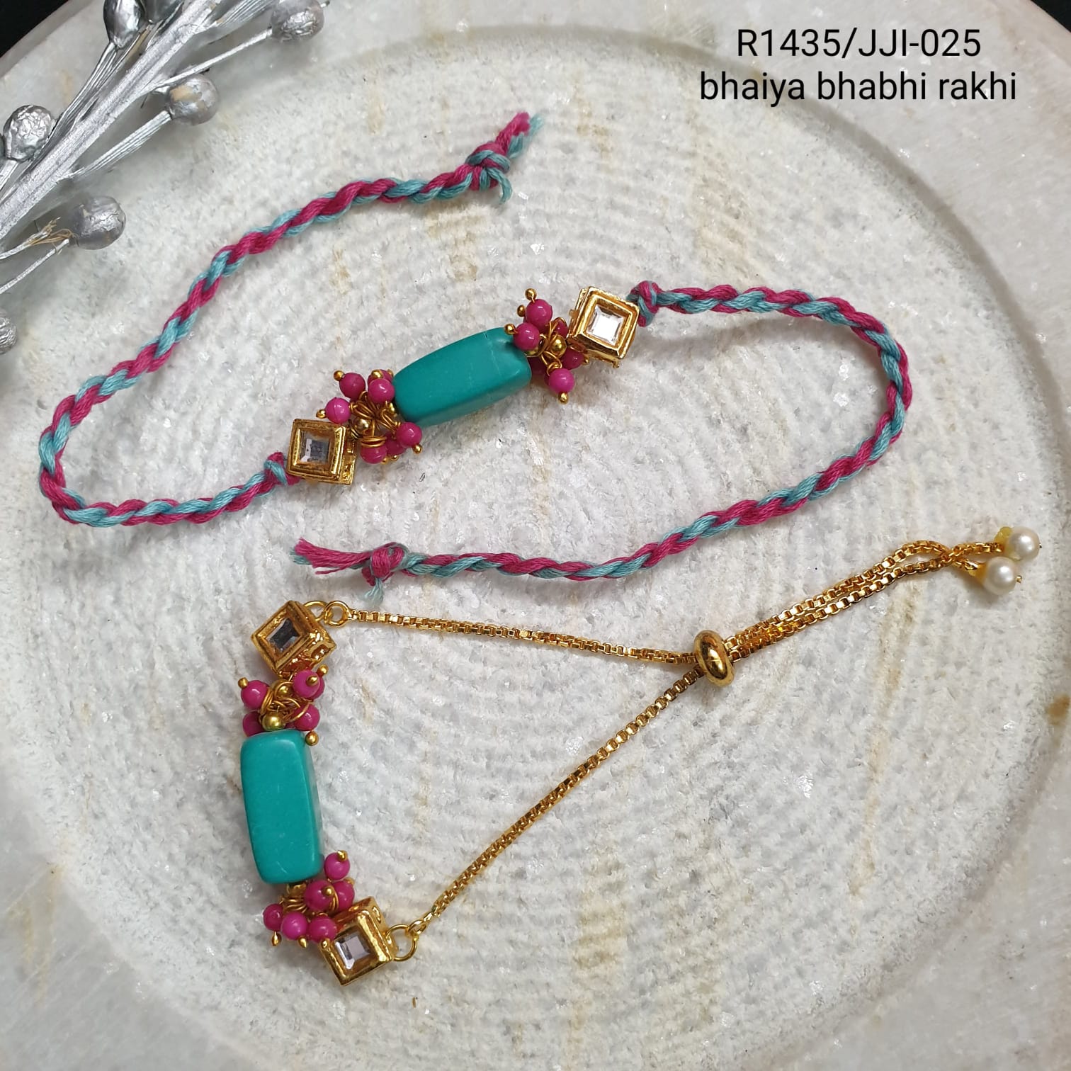Blue Stone Rakhi Set For Bhaiya Bhabhi For Rakshabandhan