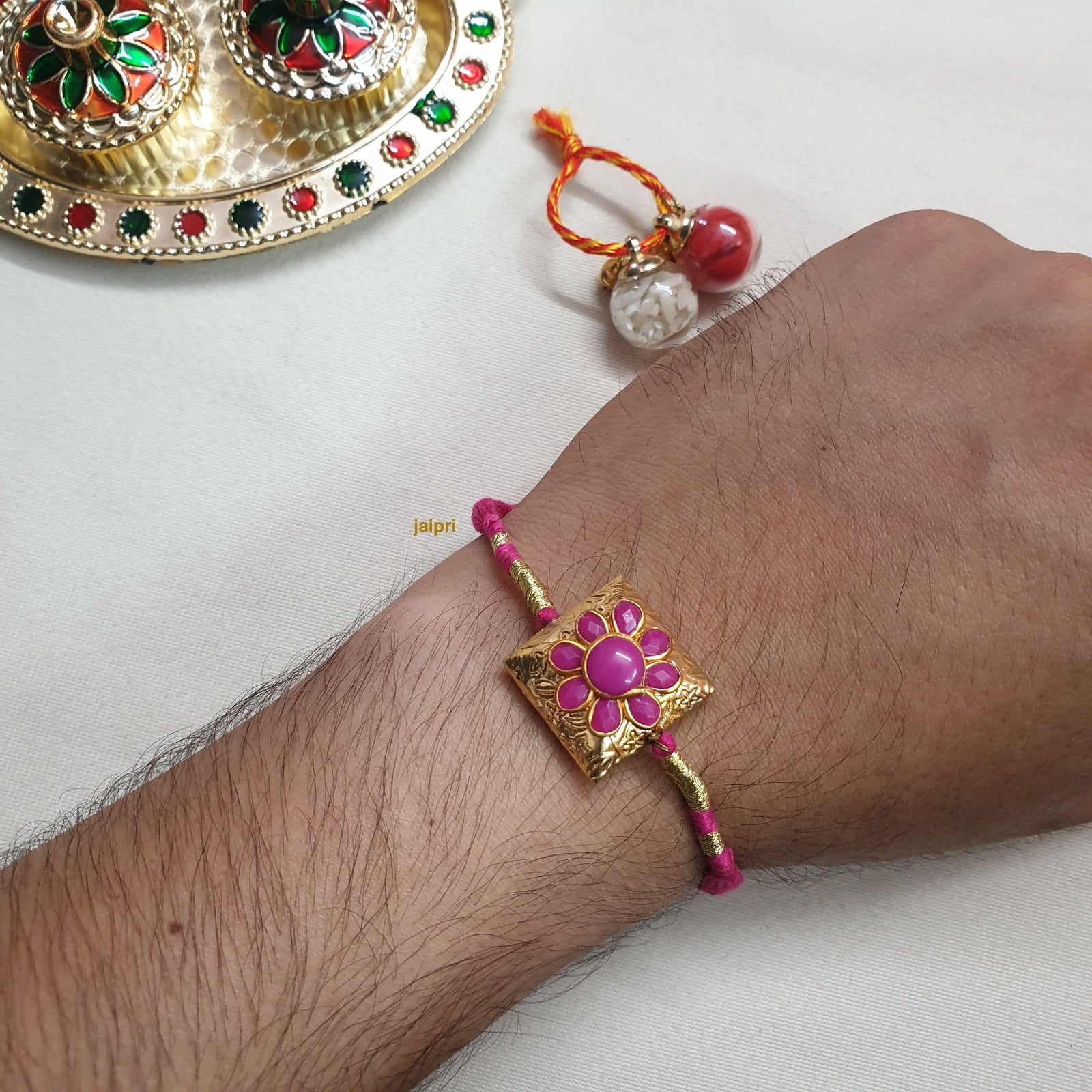 Pink Floral Stone Rakhi