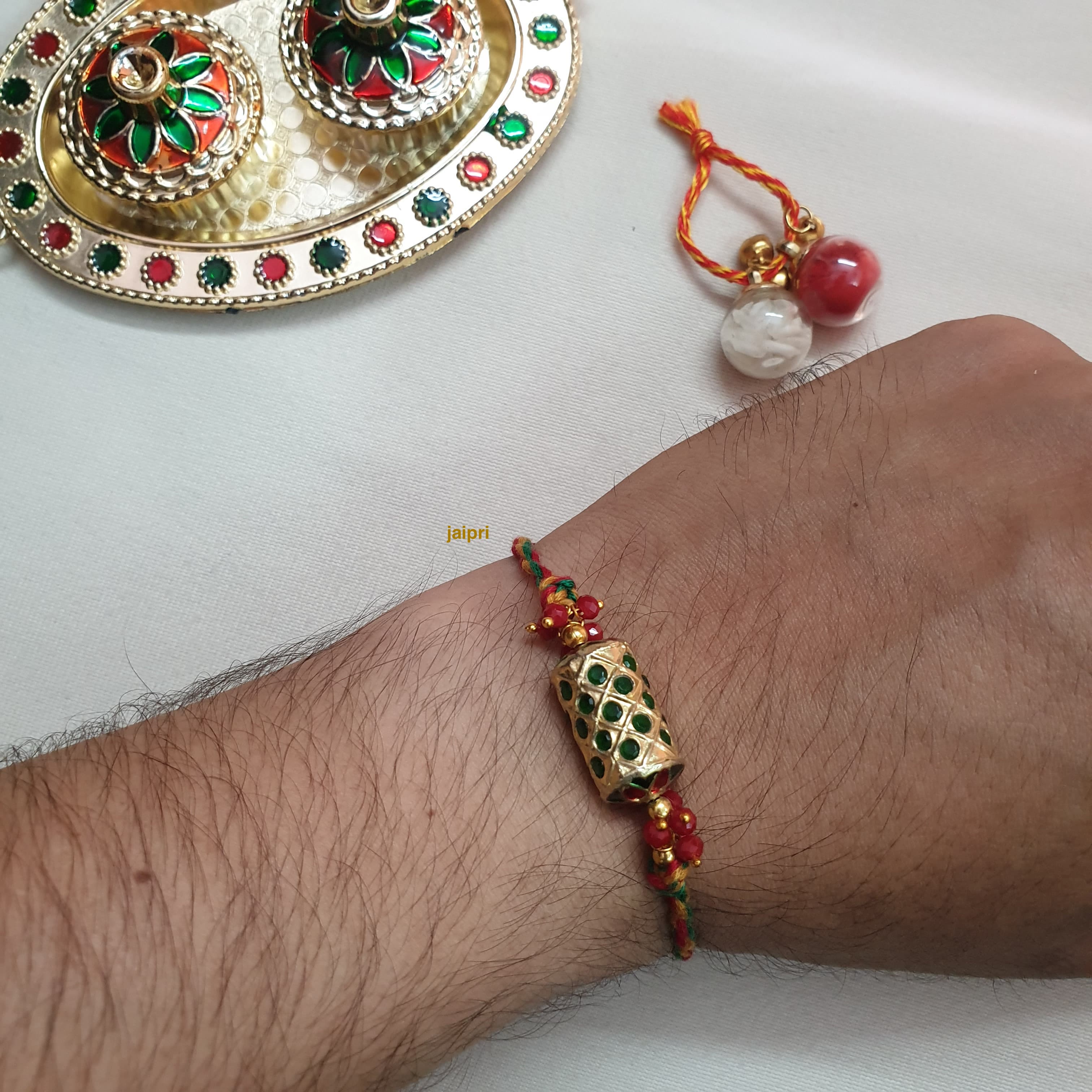 Green Jadau Stone Rakhi