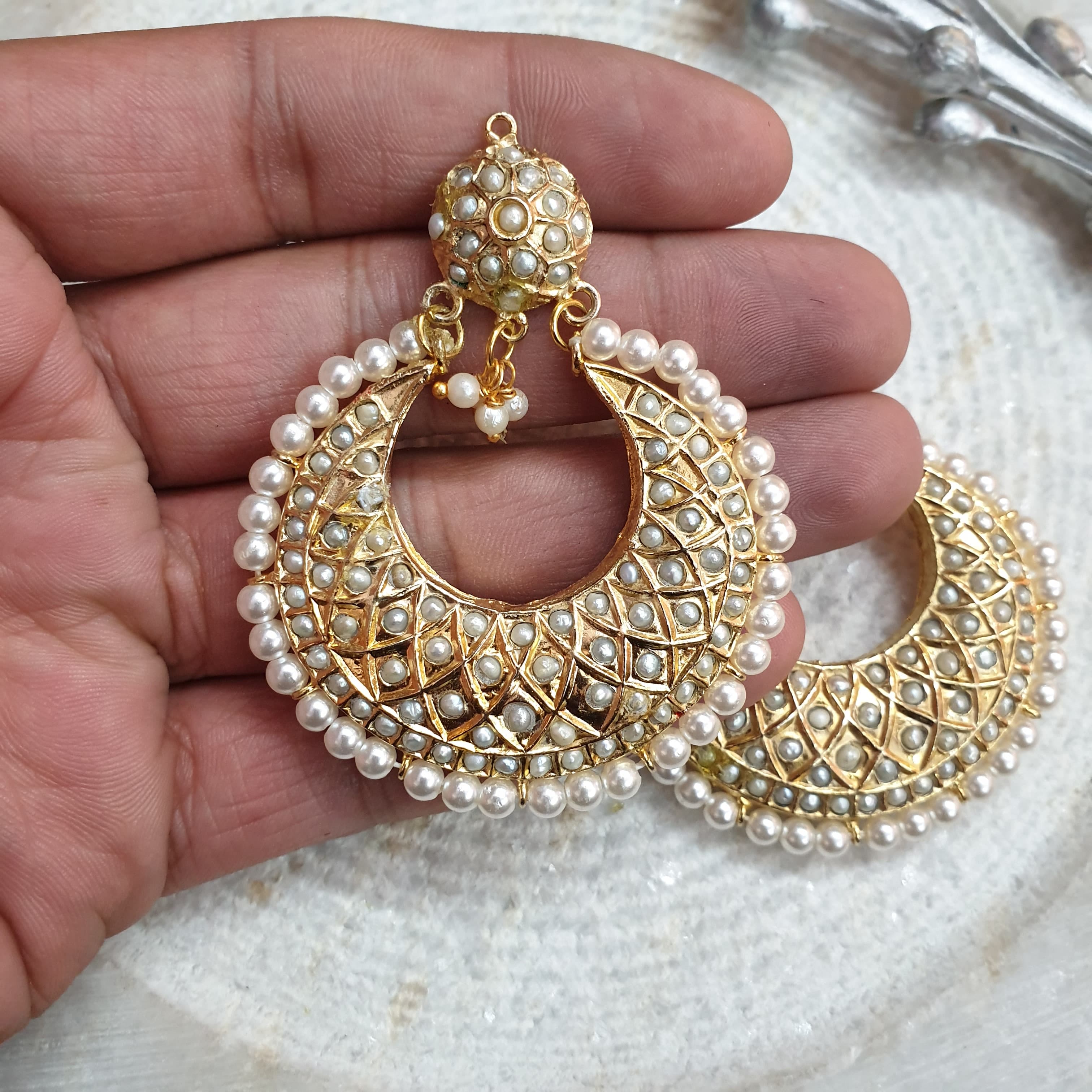 Real Pearl Jadau Chandbali Earrings