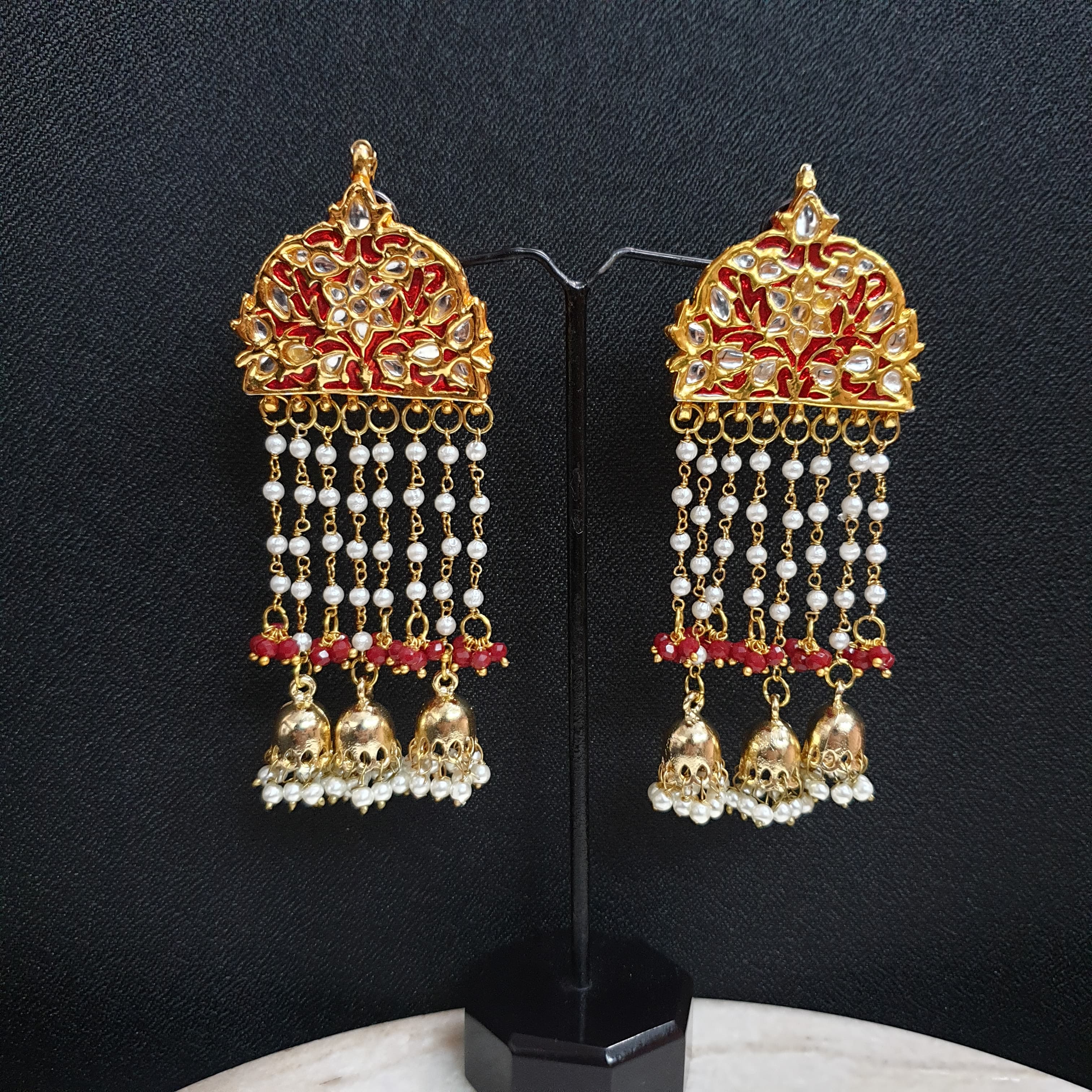 Red Meenakari Long Pearl Jhumki Earrings