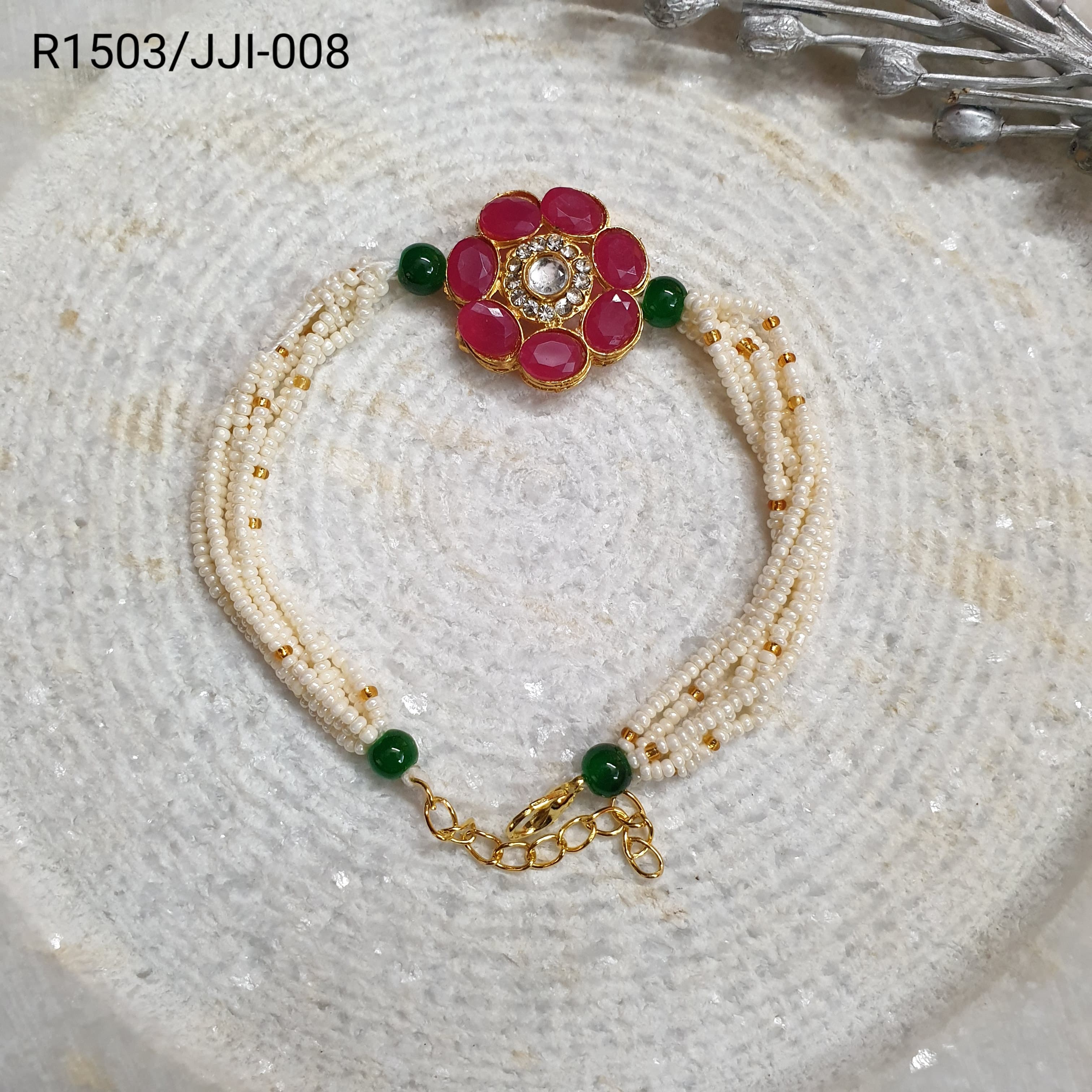 Red Stone Floral Seed Bead Rakhi For Brother (Pack of One)