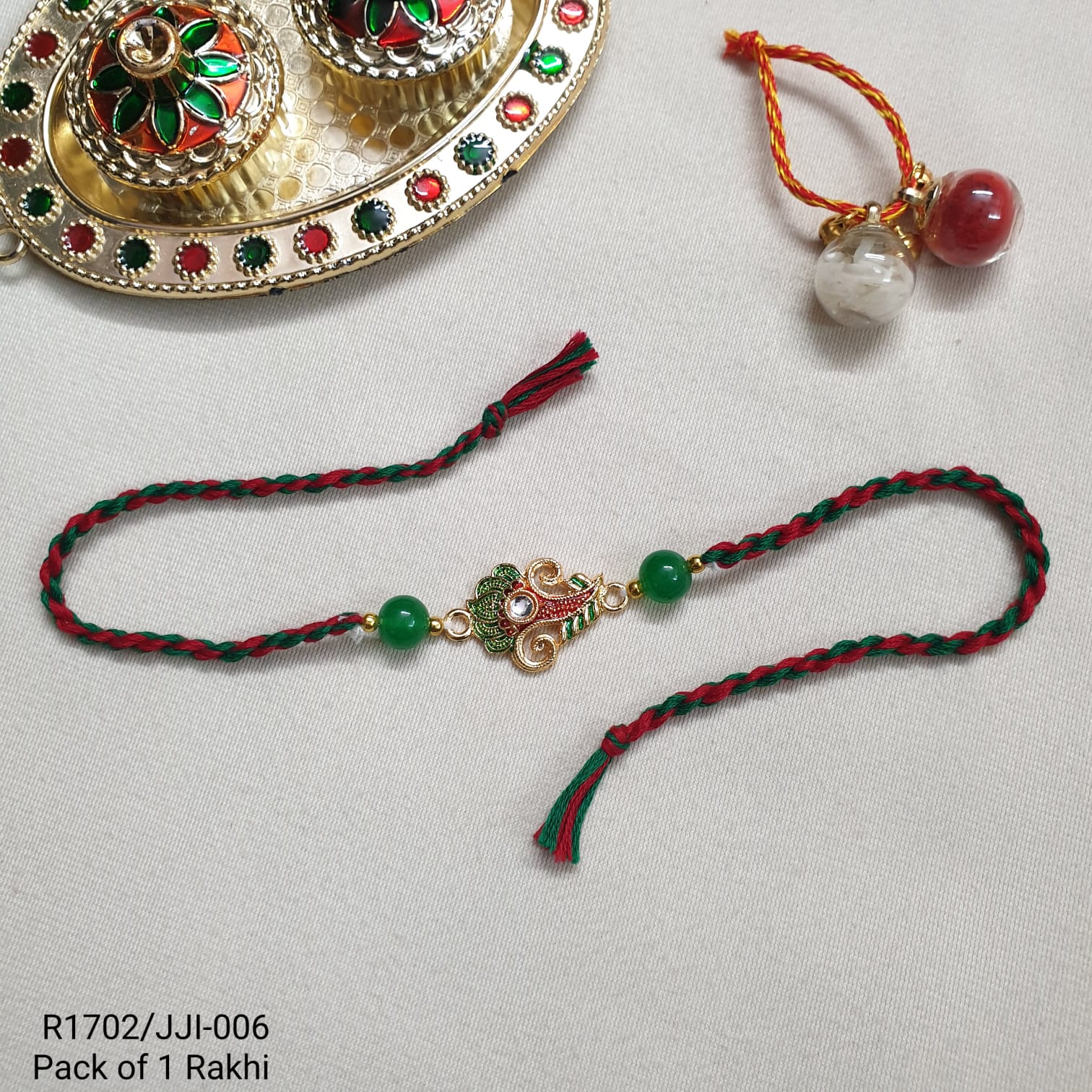 Red Green Bead Rakhi For Brother