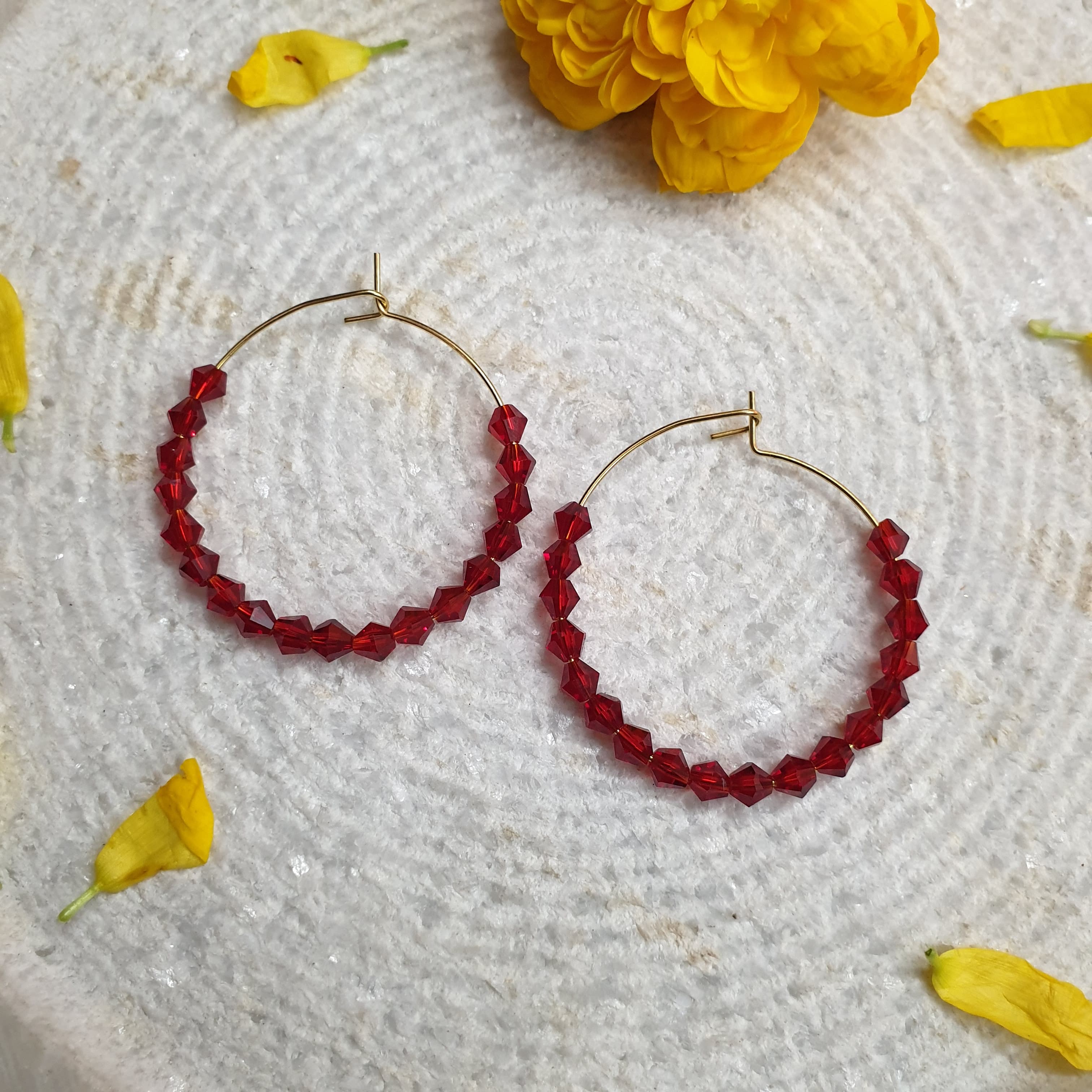 Red Beaded Hoop Earrings