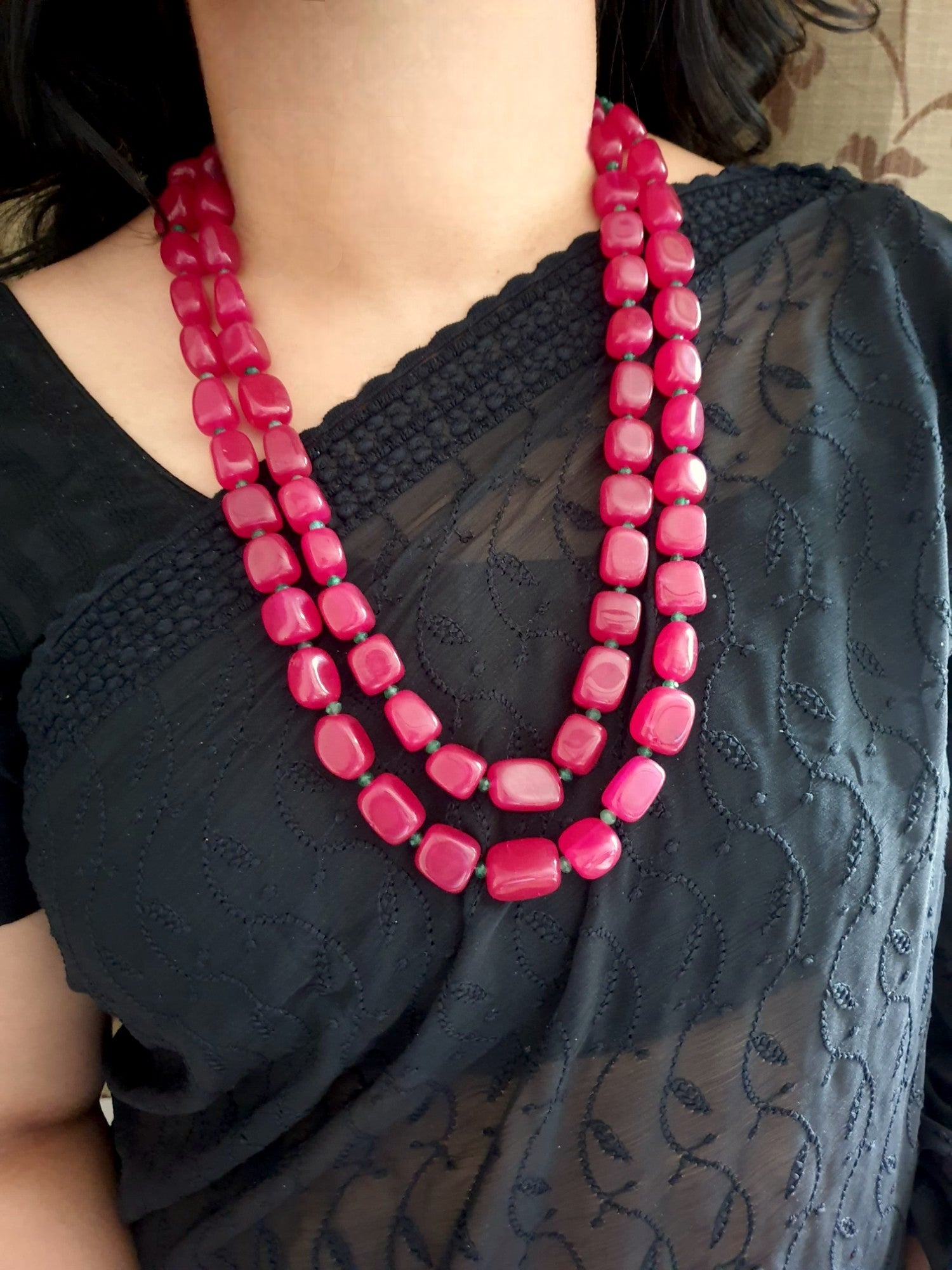 Ruby Red Color Bead Two Layered Necklace