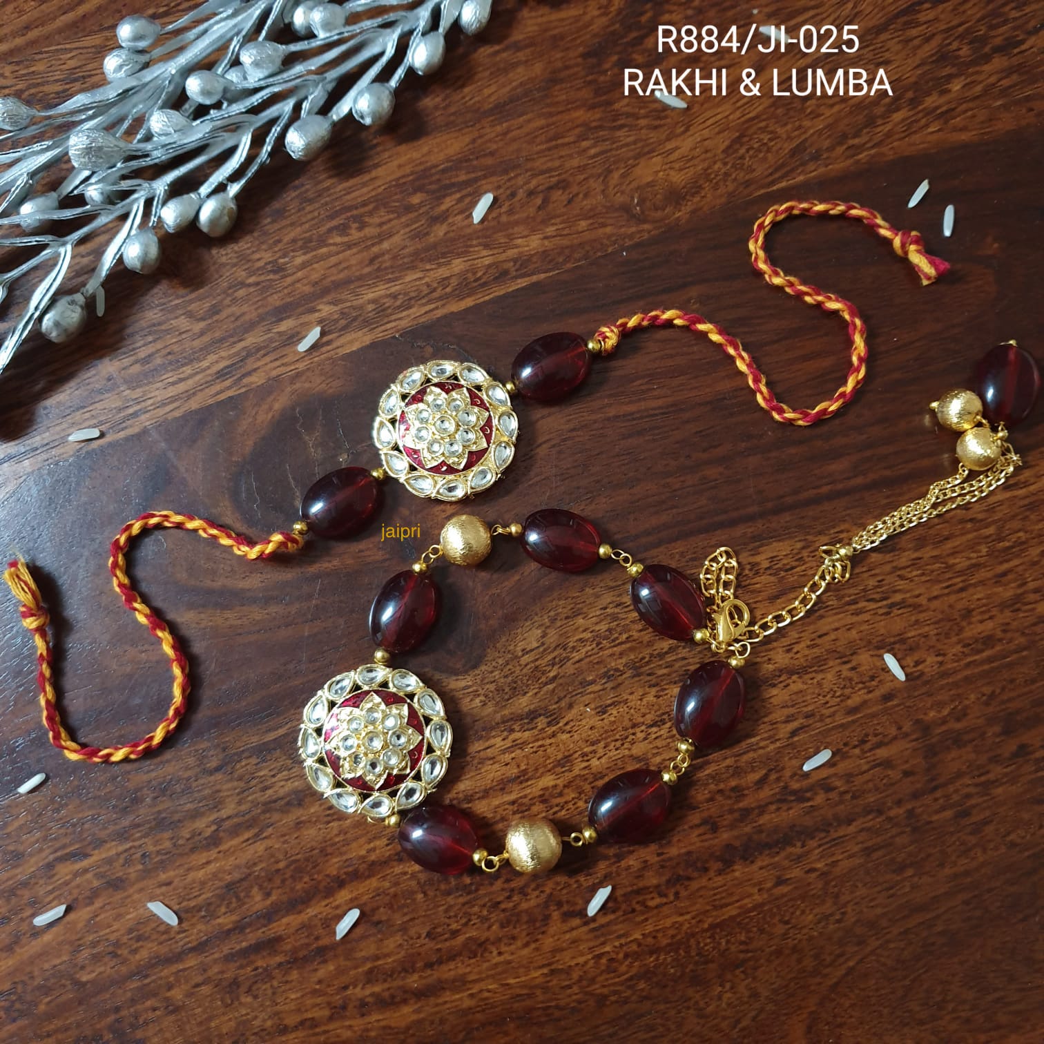 Red Kundan Meenakari Bhaiya Bhabhi Rakhi Set