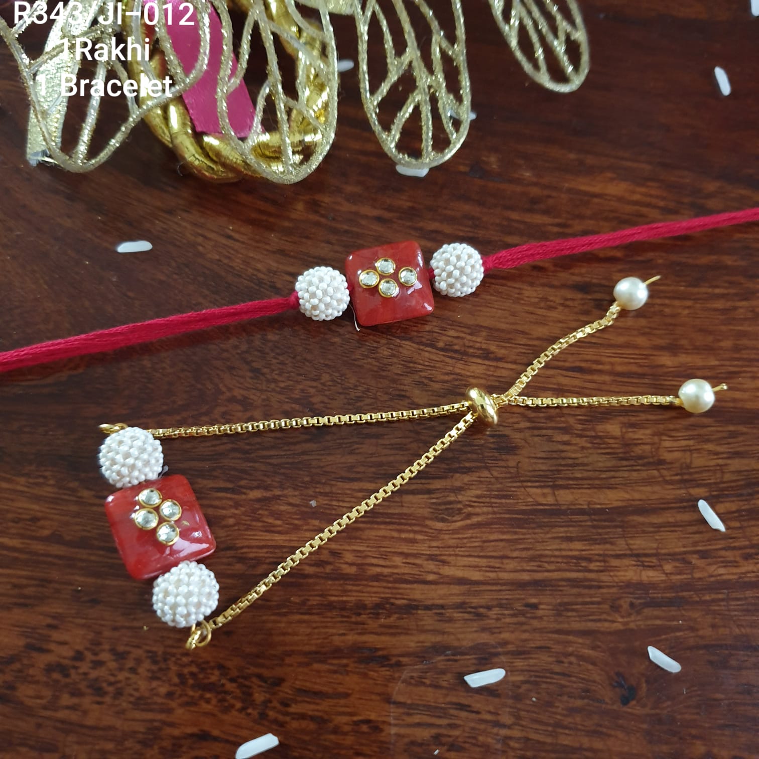 Red Stone Kundan Couple Rakhi Set
