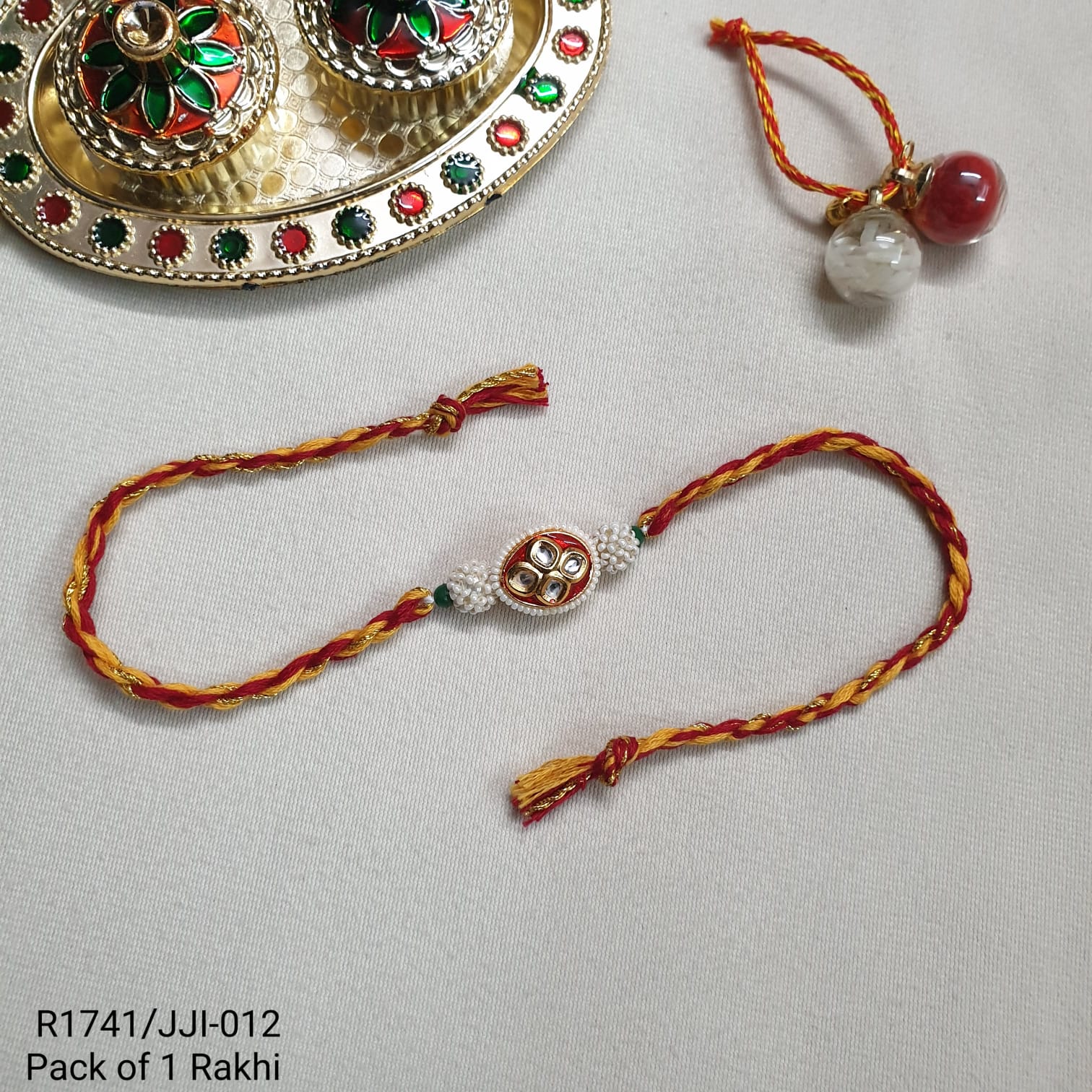 Kundan Red Yellow Thread Rakhi