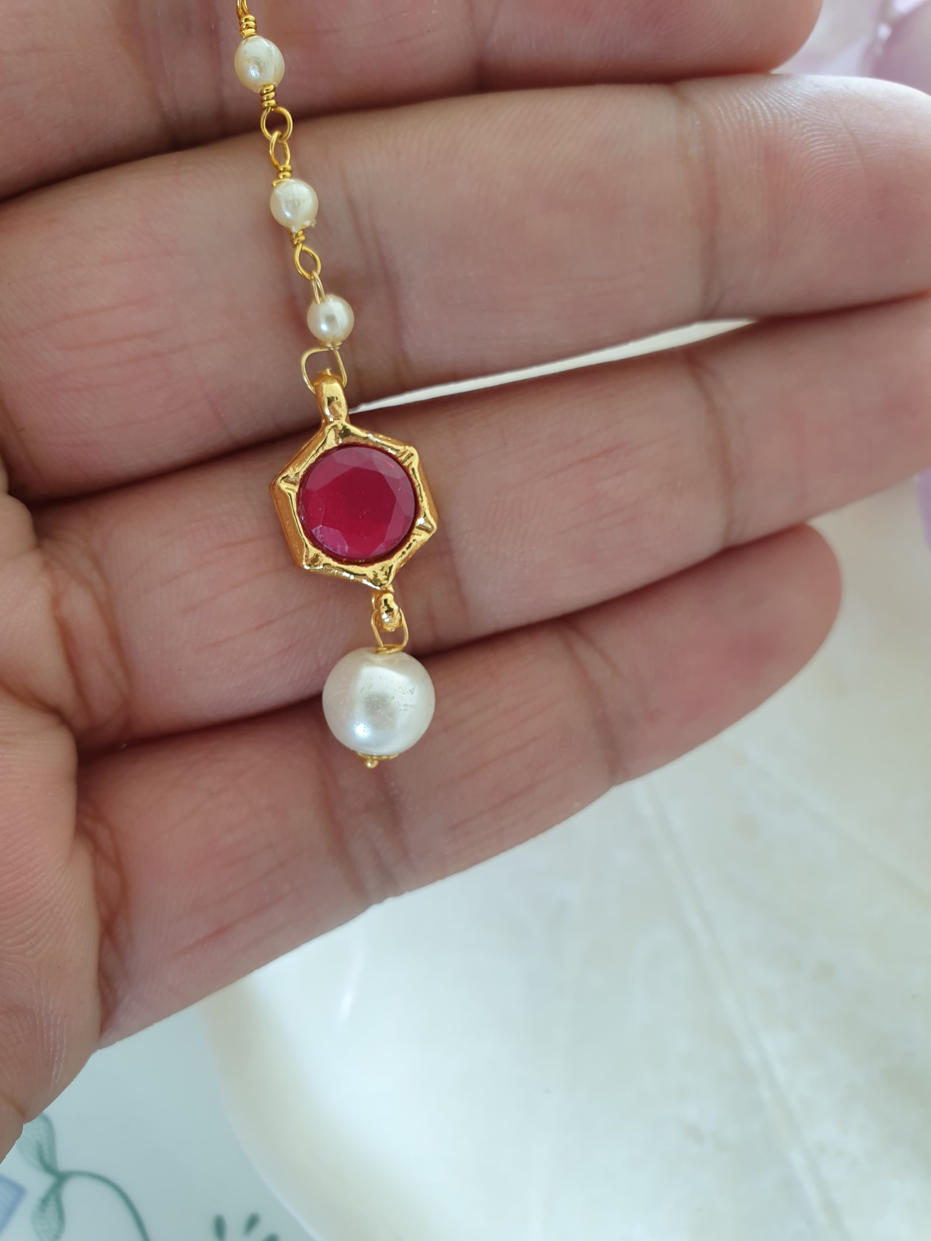 Red Stone Meenakari Pearl Beaded Maang Tikka