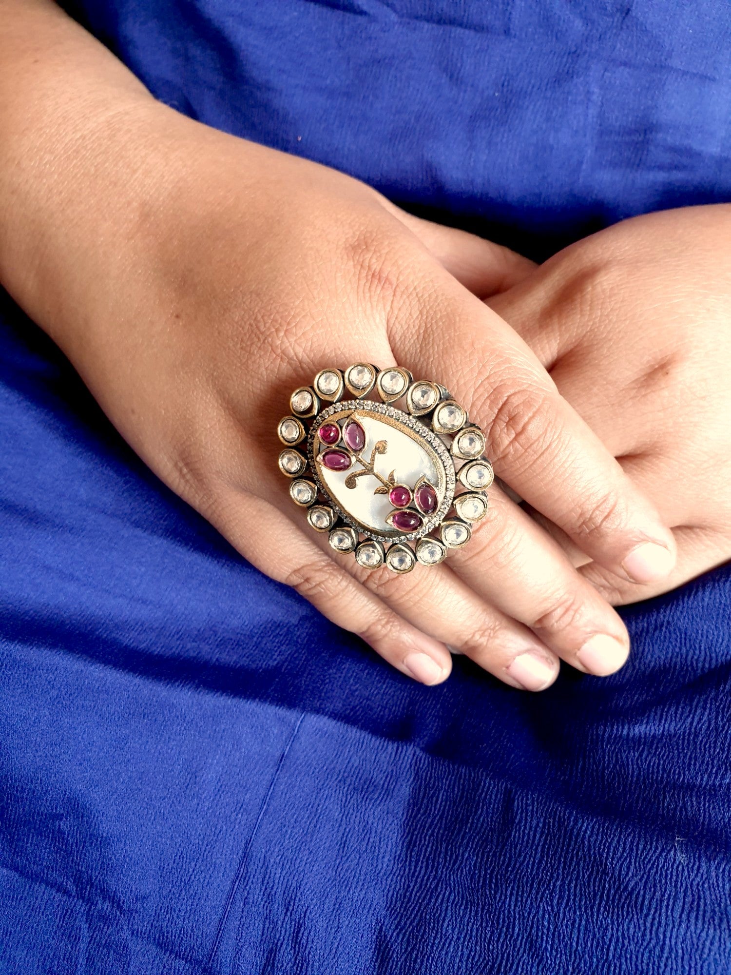 Pink Stone Mother of Pearl Kundan Adjustable Ring