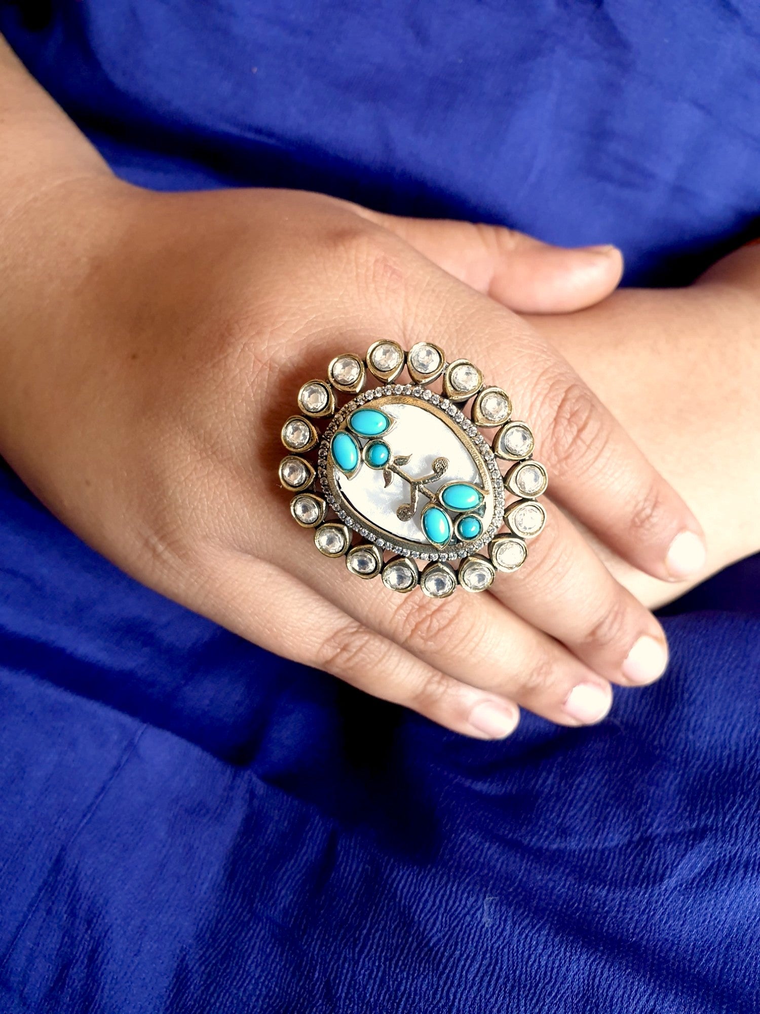 Turquoise Stone Mother of Pearl Kundan Adjustable Ring