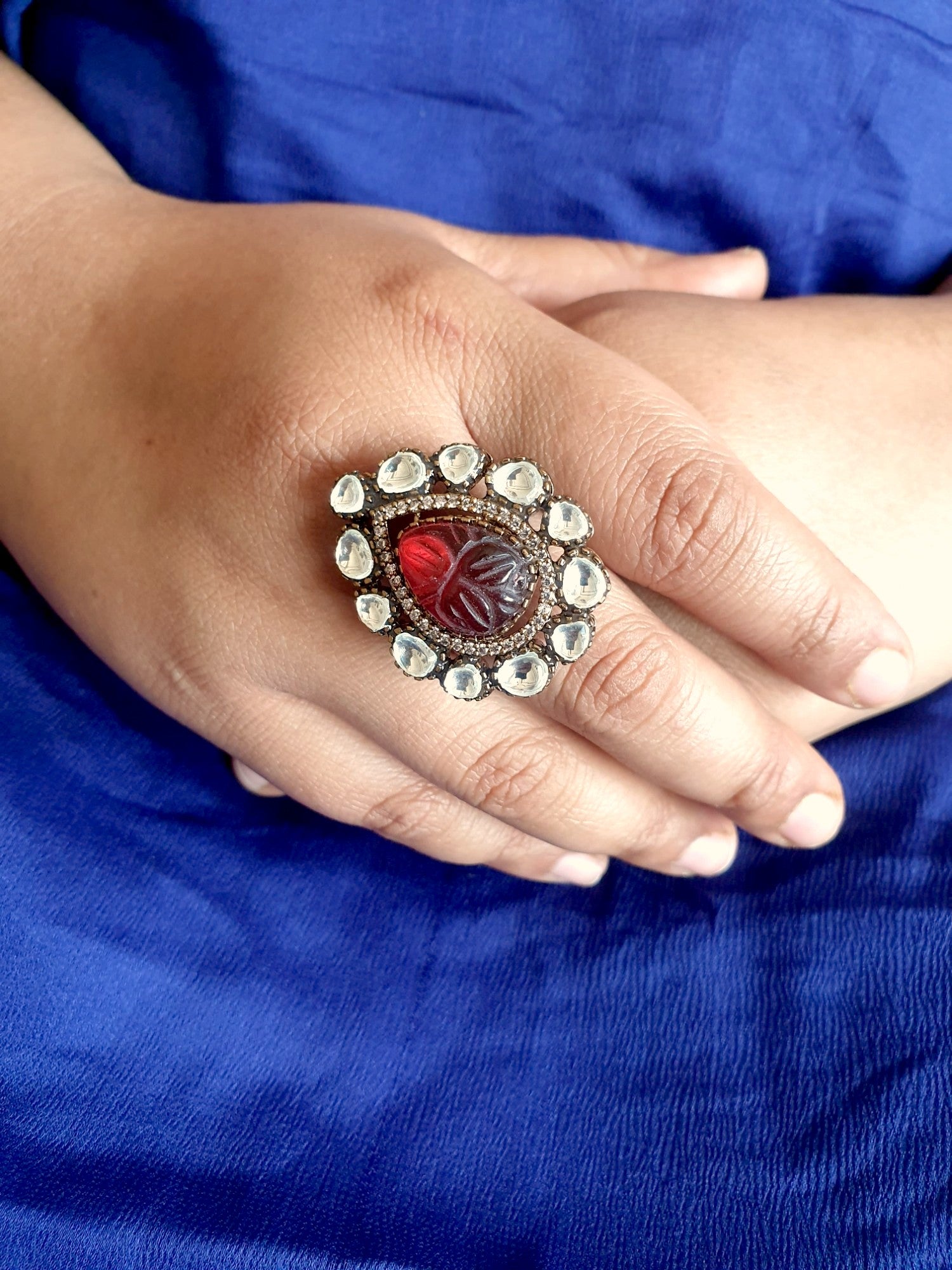 Red Handcarved Stone Kundan Adjustable Ring