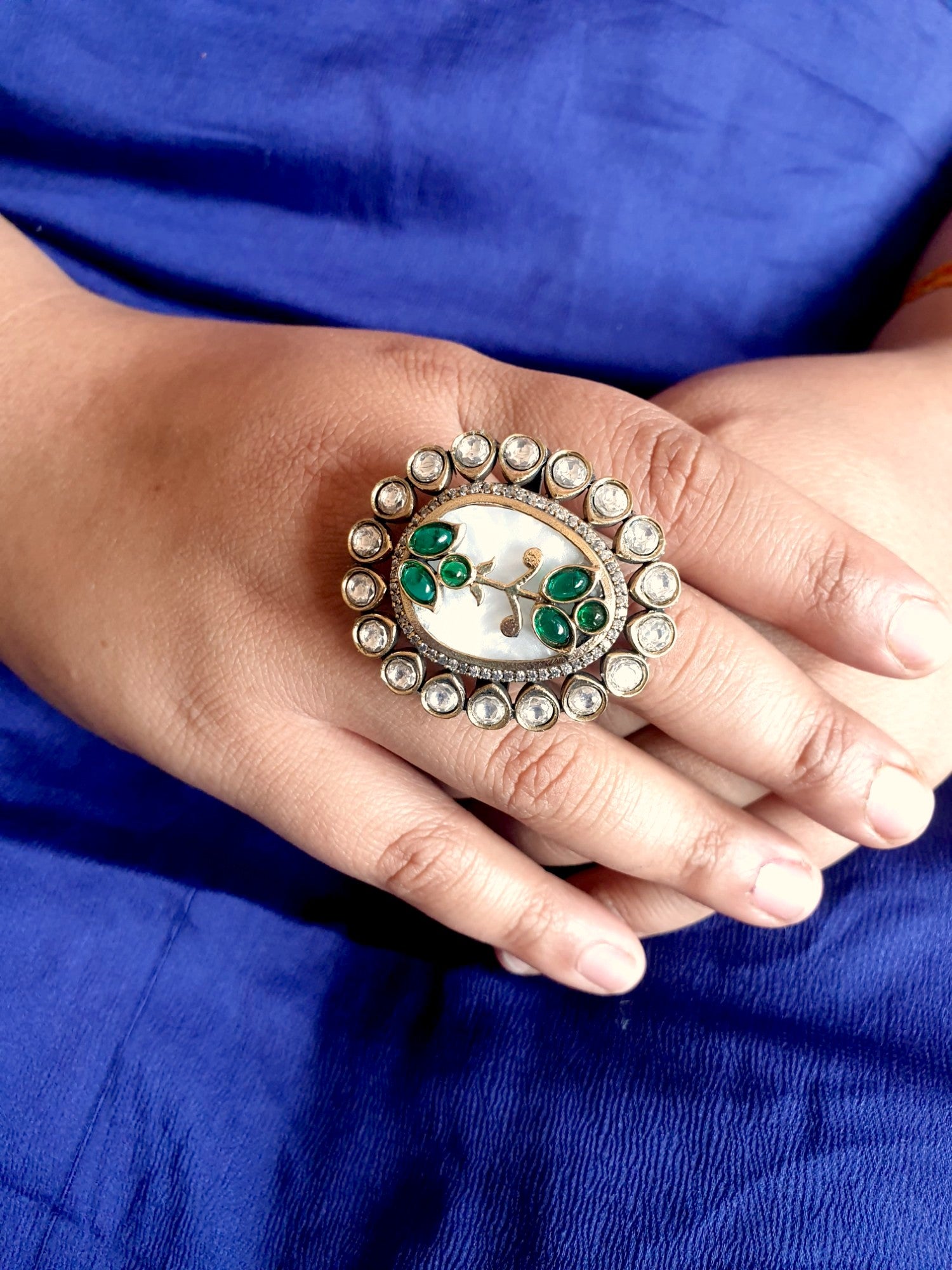 Green Stone Mother of Pearl Kundan Adjustable Ring