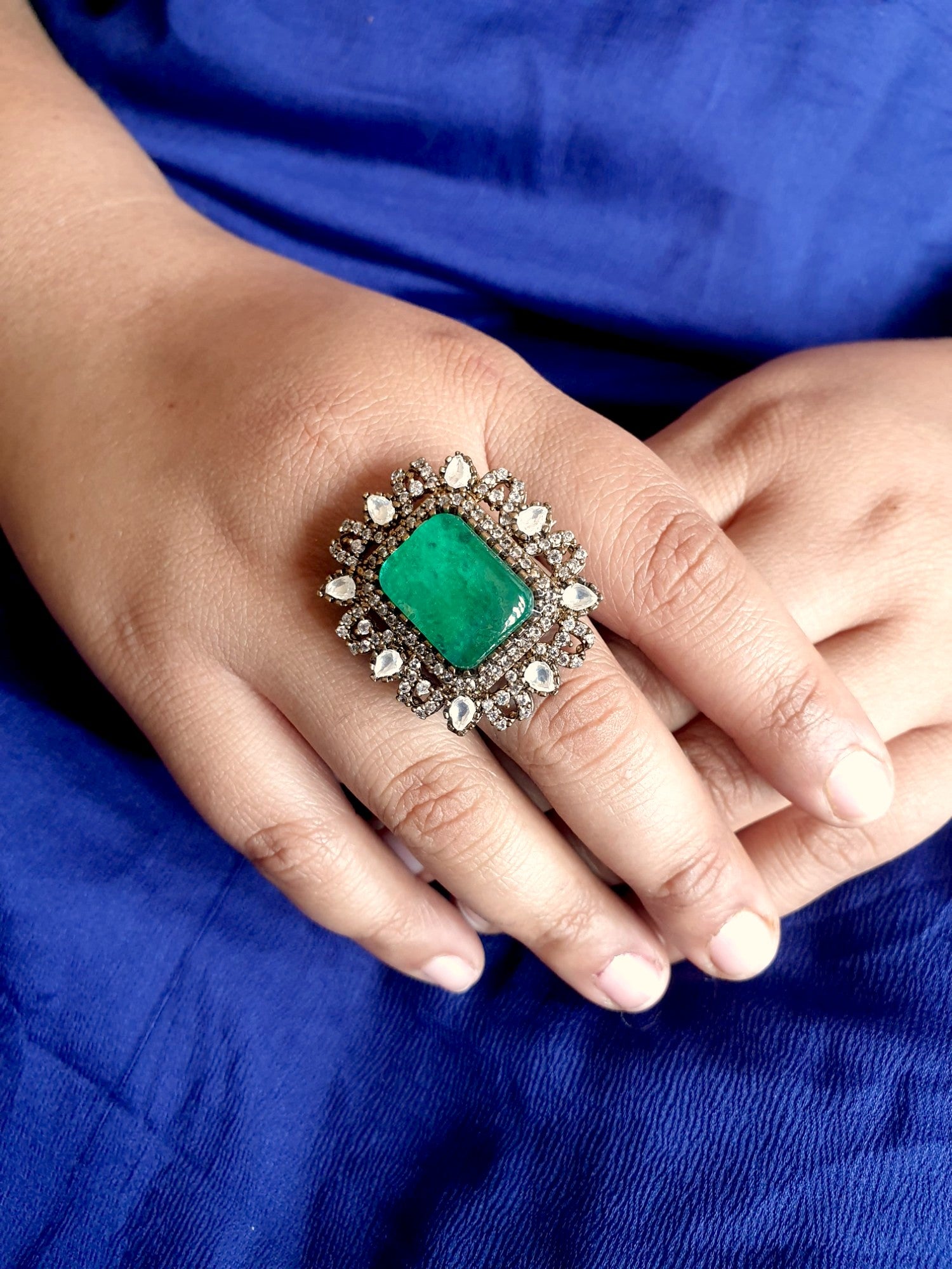 Green Doublet Stone Kundan Adjustable Ring