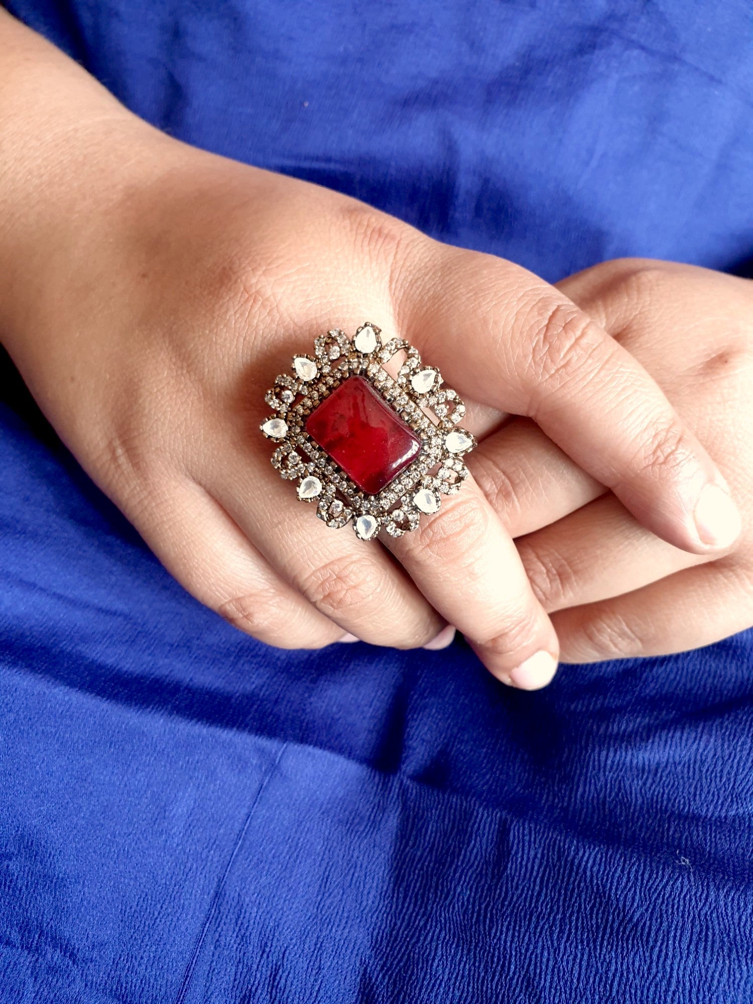 Maroon Doublet Stone Kundan Adjustable Ring