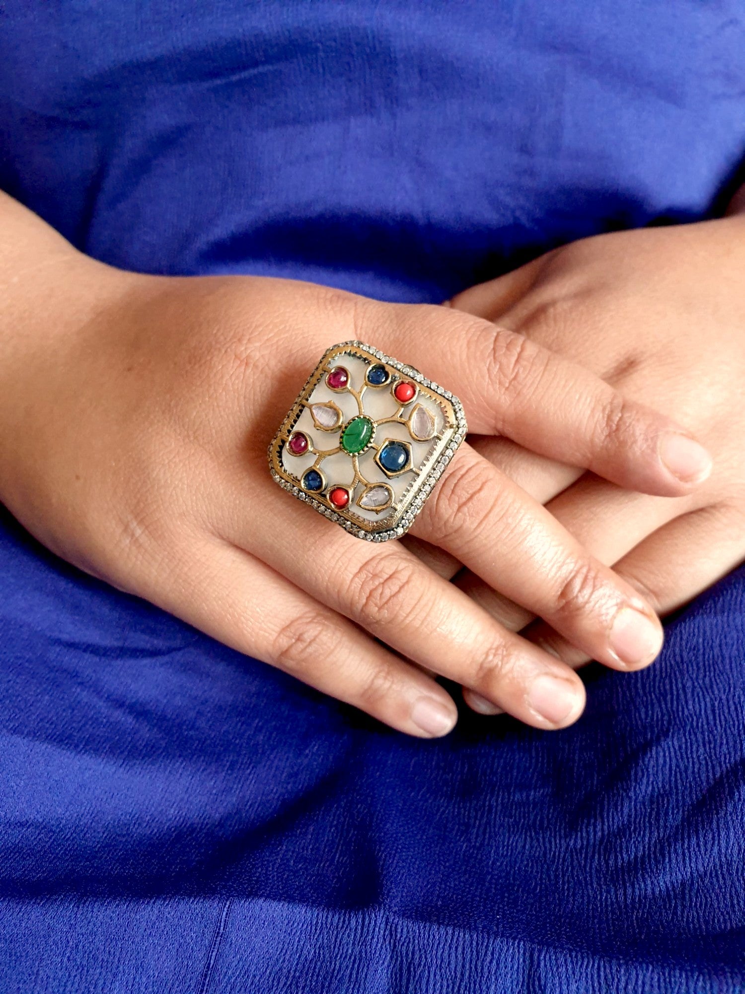 Multi Color Stone Mother of Pearl Adjustable Ring
