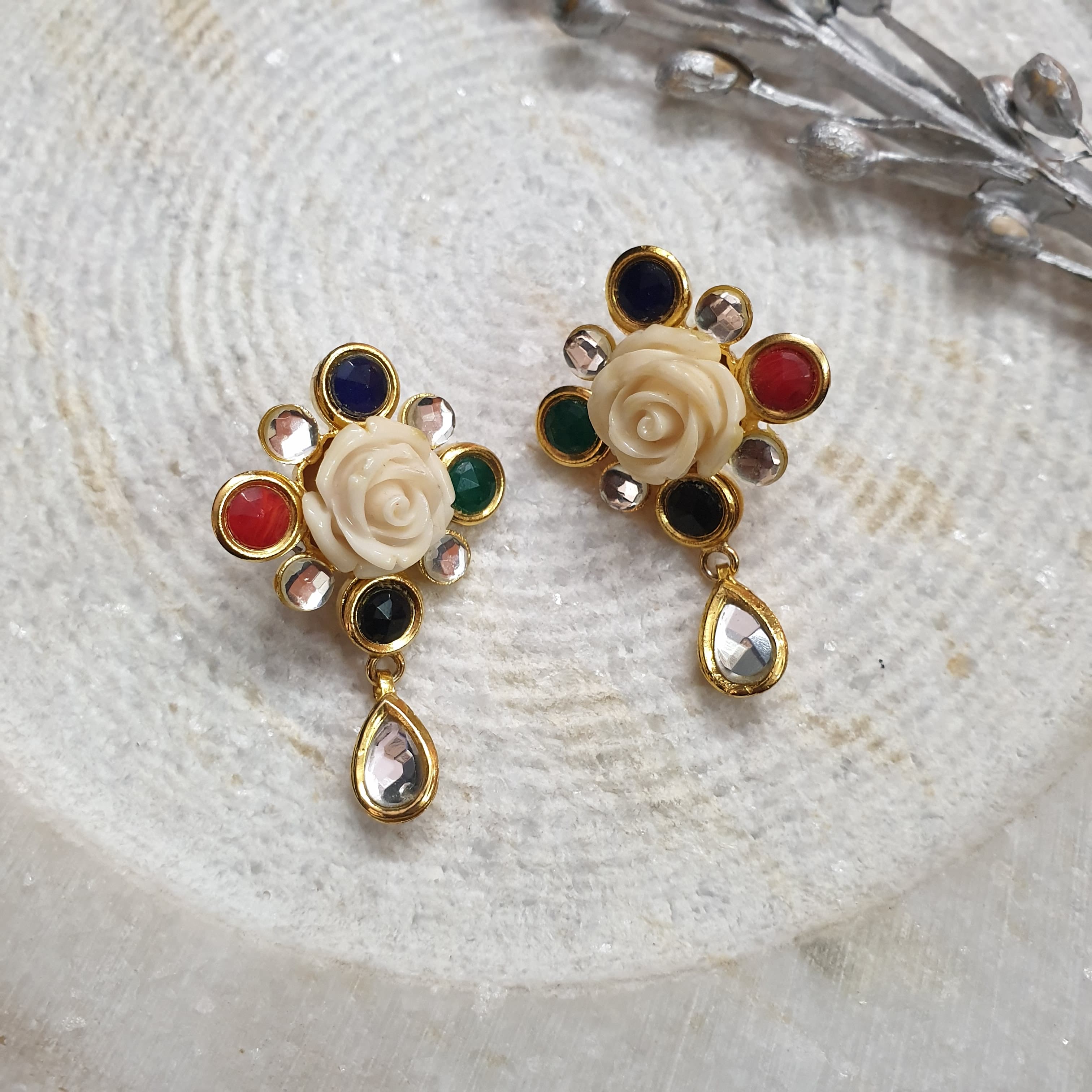22k Gold Plated White Rose Kundan Earrings