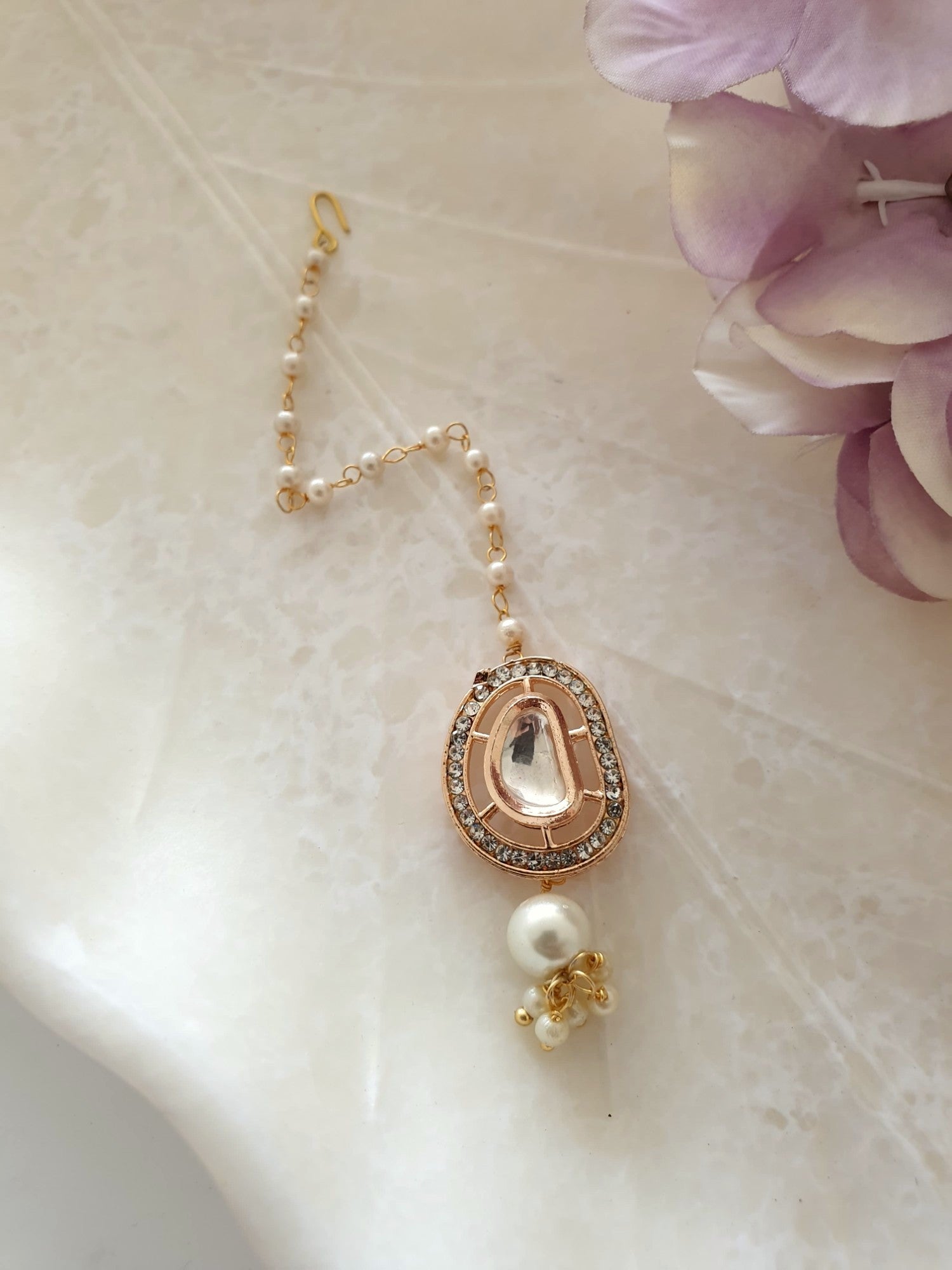 Rose Gold Premium Kundan Polki Pearl Beaded Maang Tikka