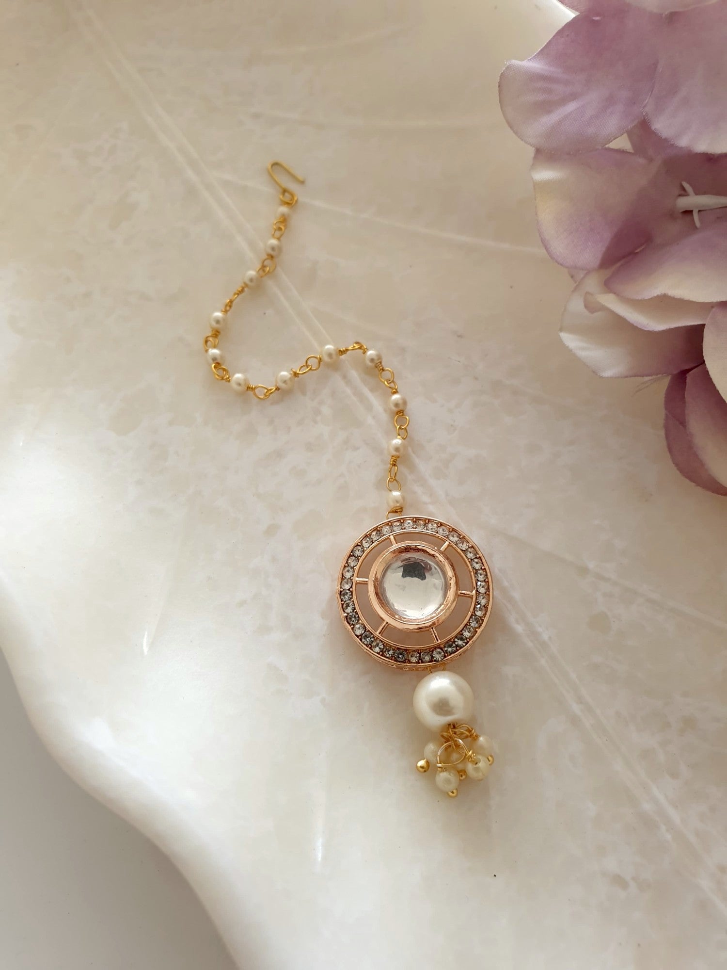 Rose Gold Kundan Polki Pearl Beaded Maang Tikka