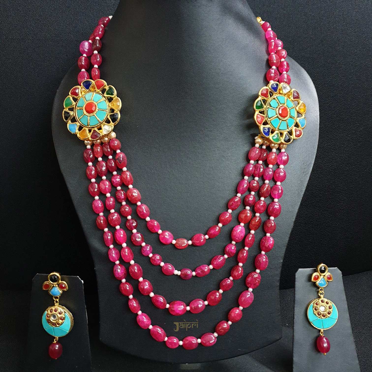 Turquoise Jadau Work Ruby Red Beads Necklace