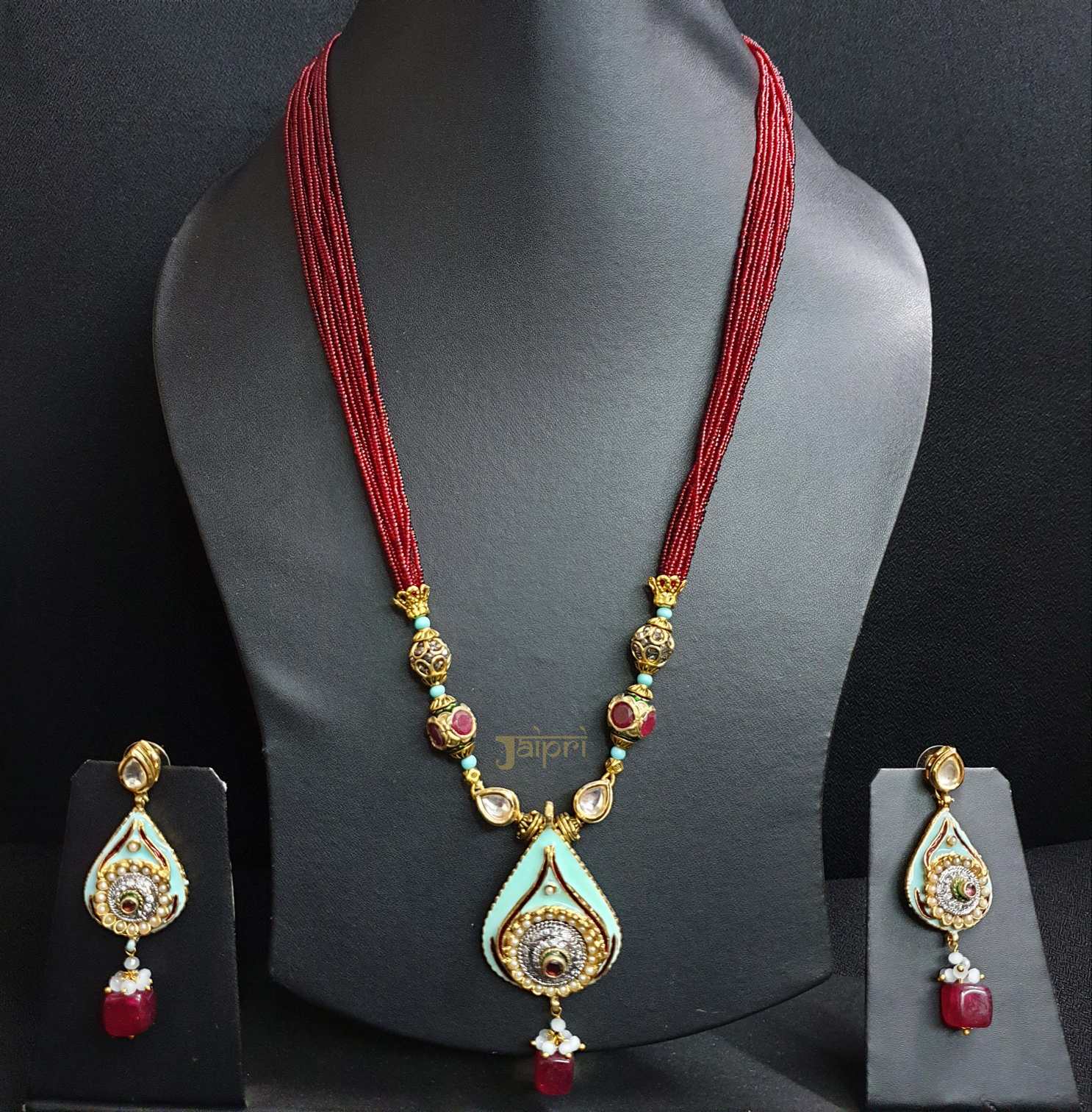 Red Seed Beads Tear-Drop Fusion Pendant With Earrings
