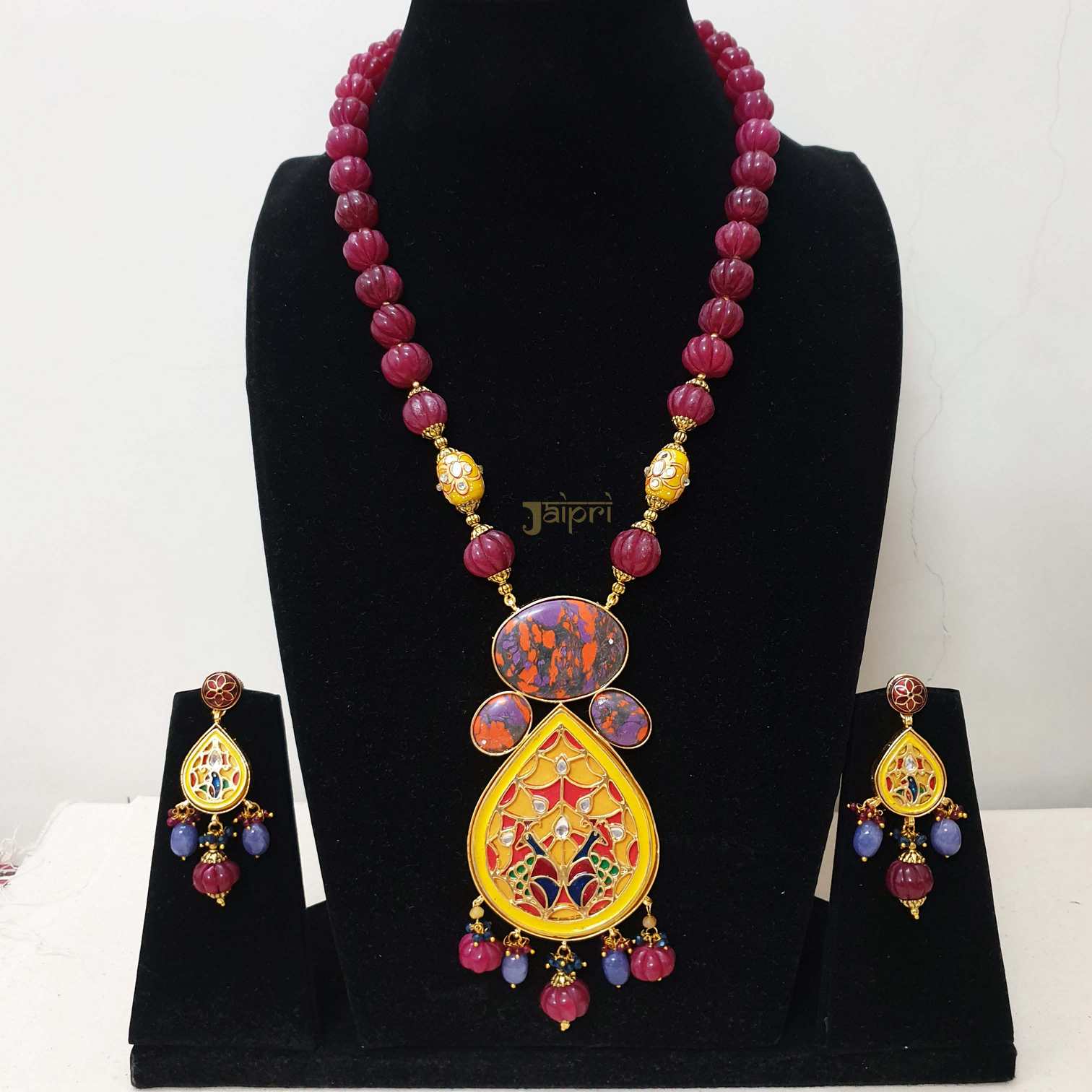 Ruby Beads Stone & Yellow Meenakari Fusion Pendant With Earrings