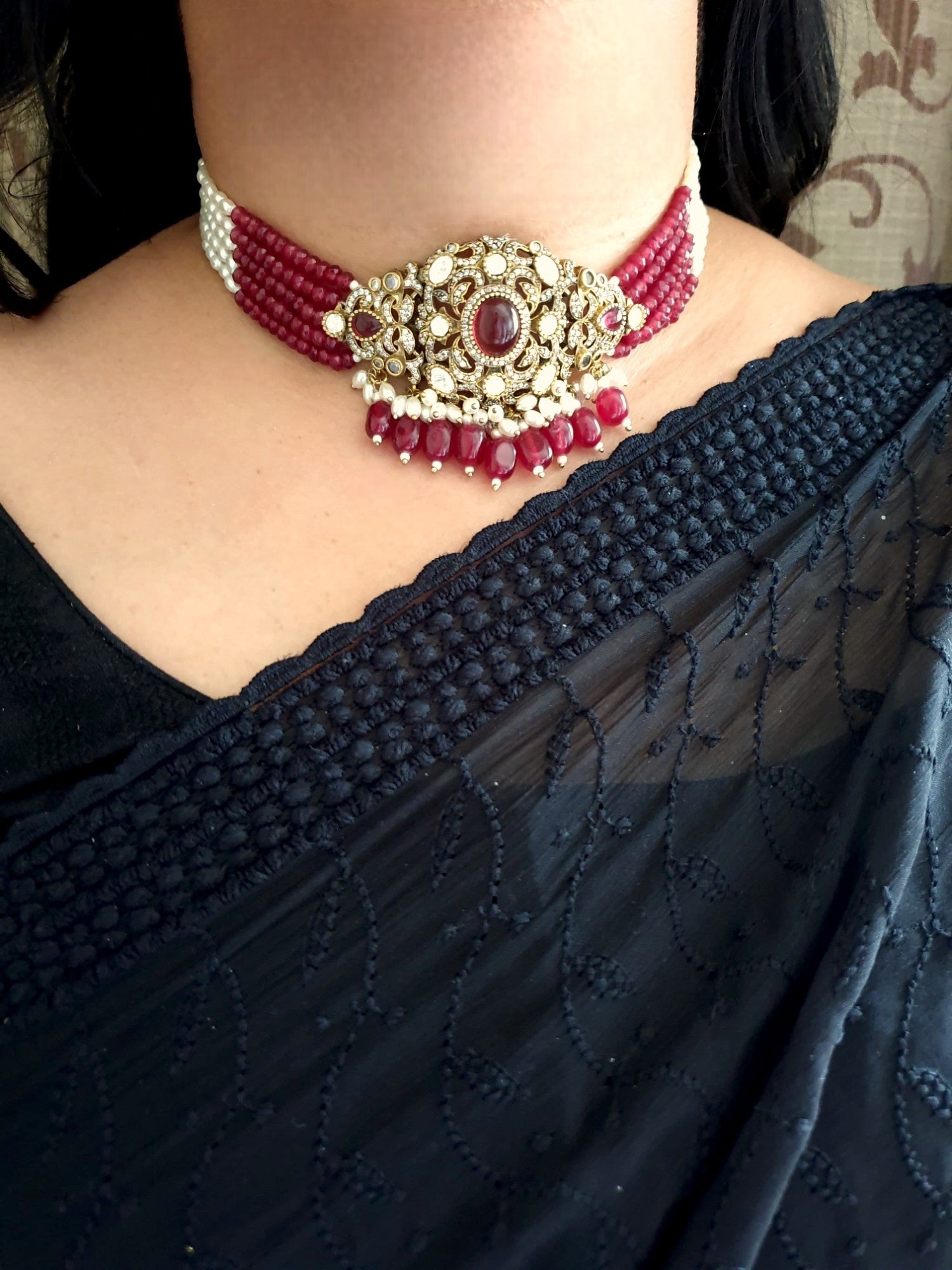 Maroon Stone Moissanite Kundan Pearl Choker Necklace