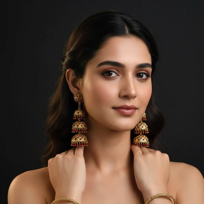 Three Layer Jhumki Ruby Stone Earrings