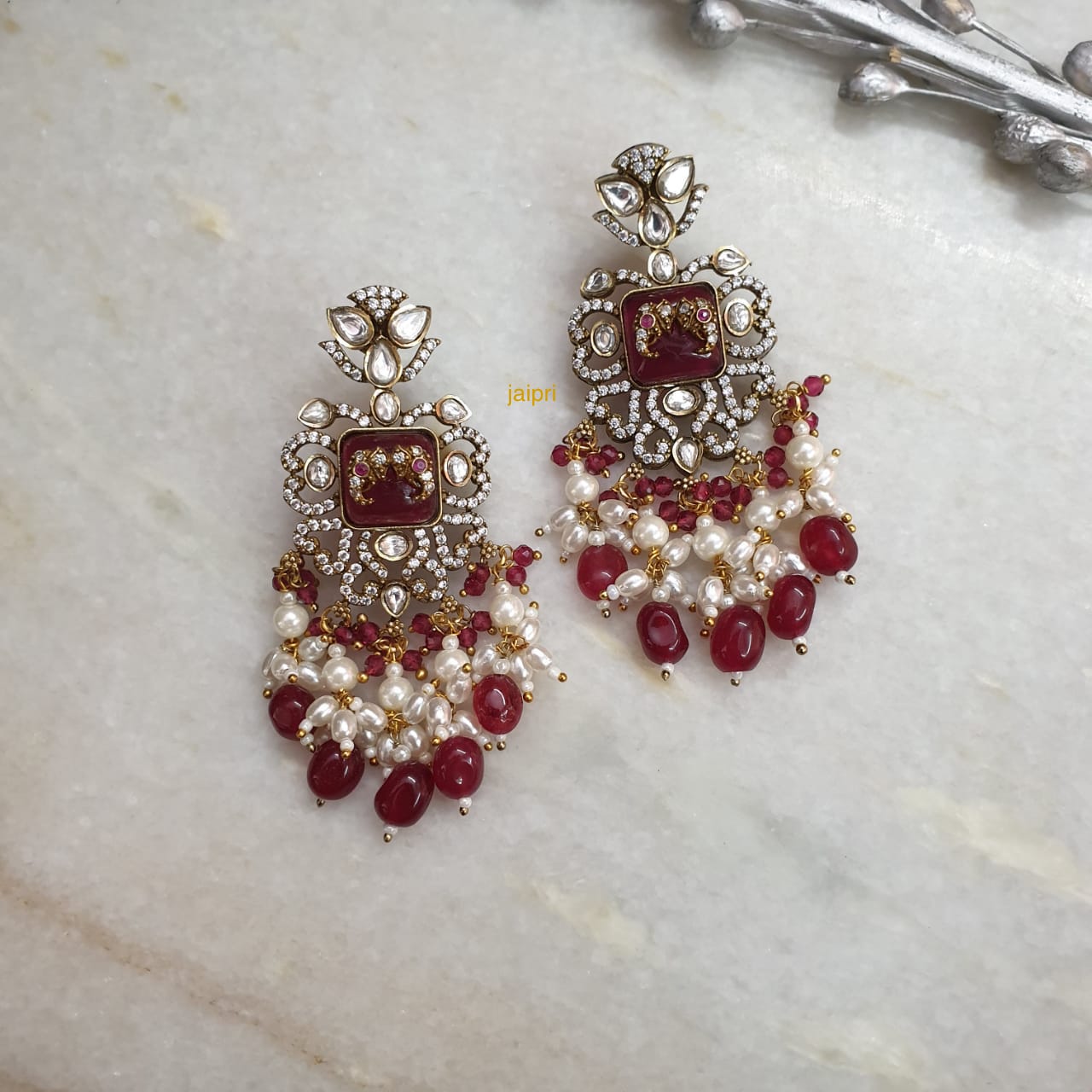 Kundan AD Fusion Ruby Red Earrings
