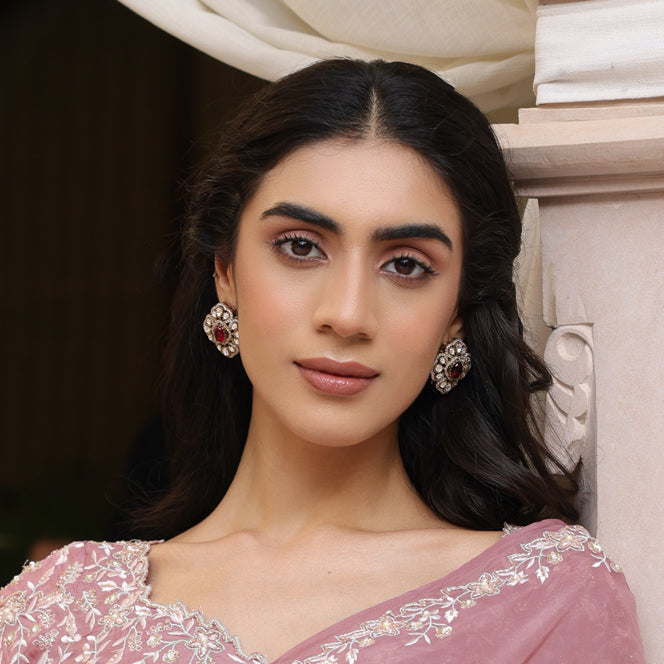 Ruby Red Stone Moissanite Kundan Polki Studs Earrings