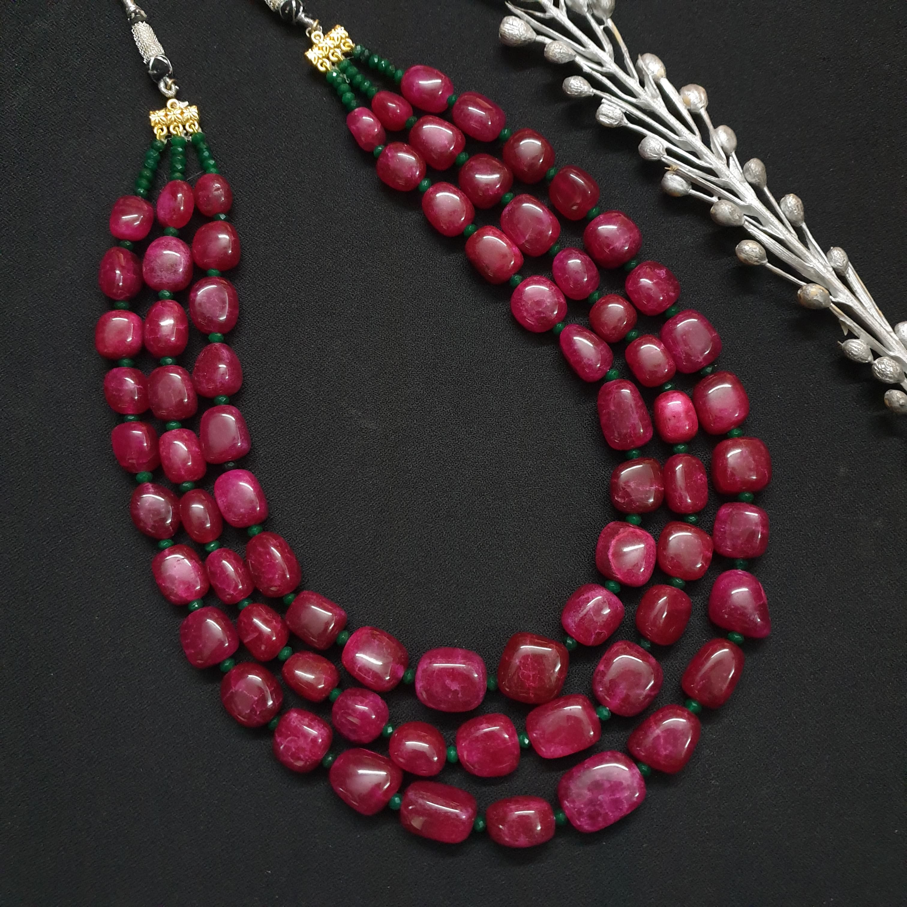 Ruby Beaded Three Layered Indian Groom Necklace For Wedding