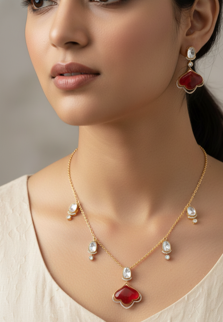 Ruby Red Delicate Kundan Chain Necklace