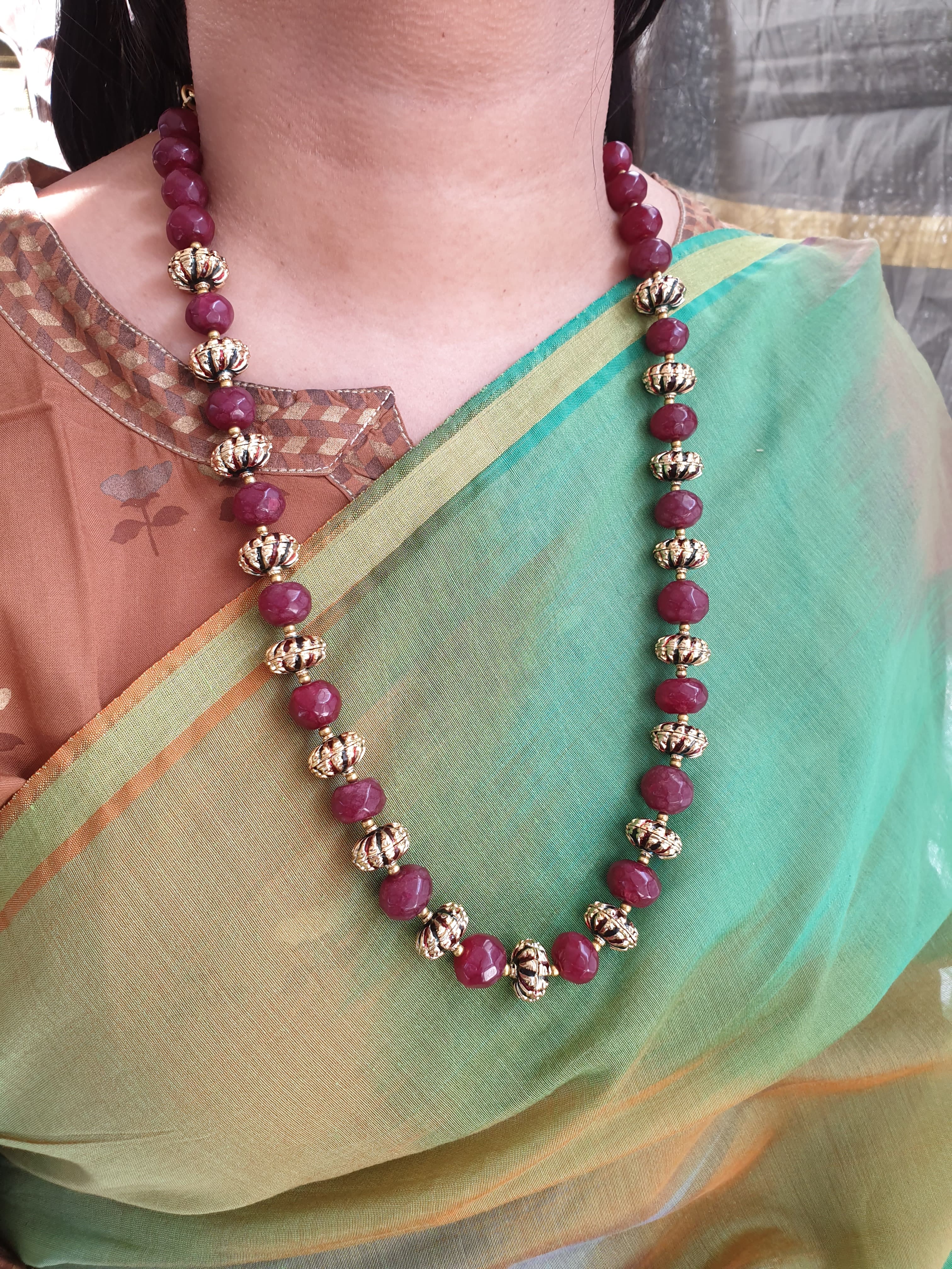 Ruby Onyx Meenakari Bead Necklace With Earrings