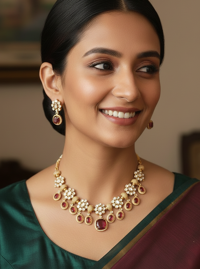 Ruby Polki American Diamond Drop Necklace