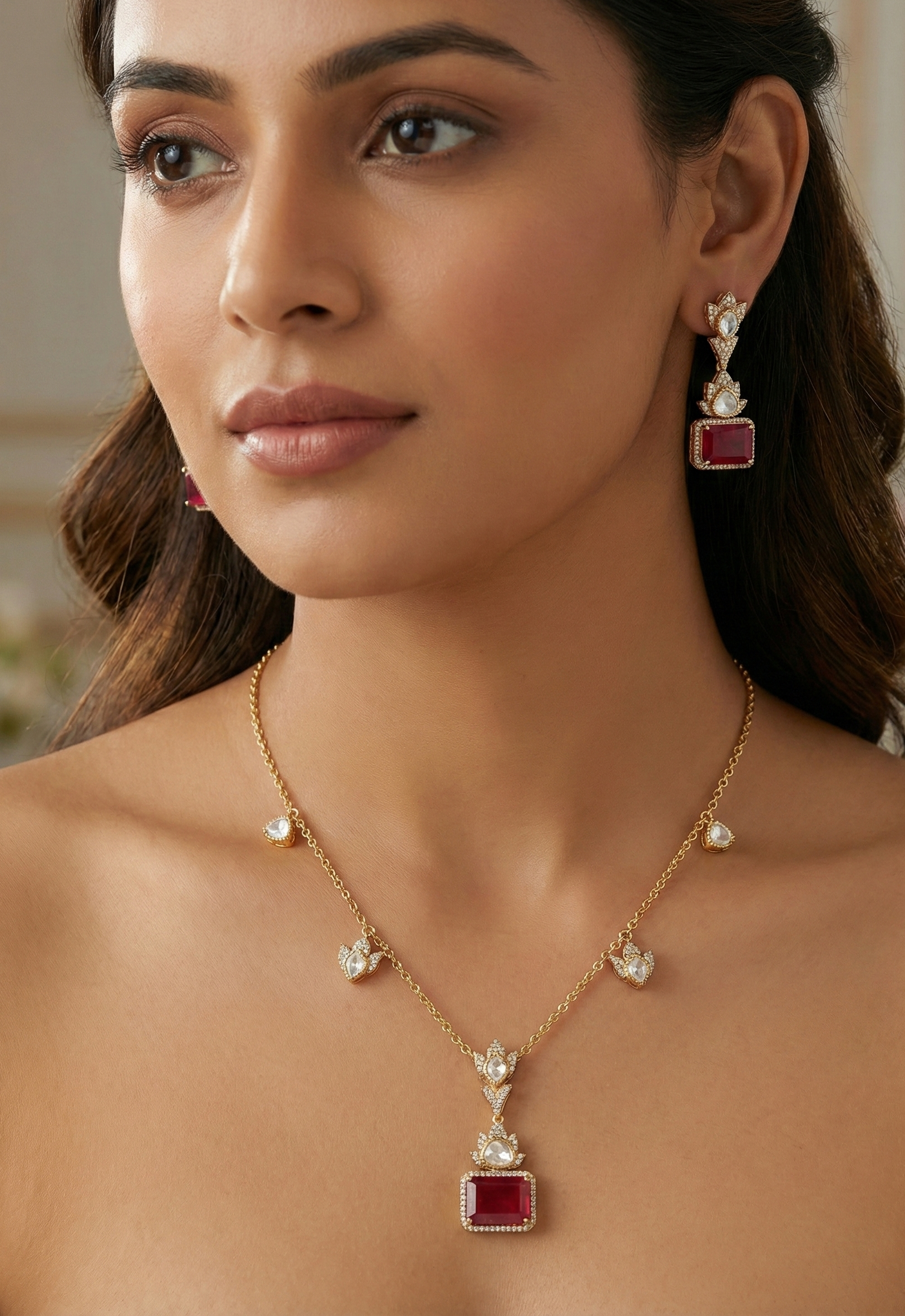 Ruby Red Kundan Chain Necklace Set