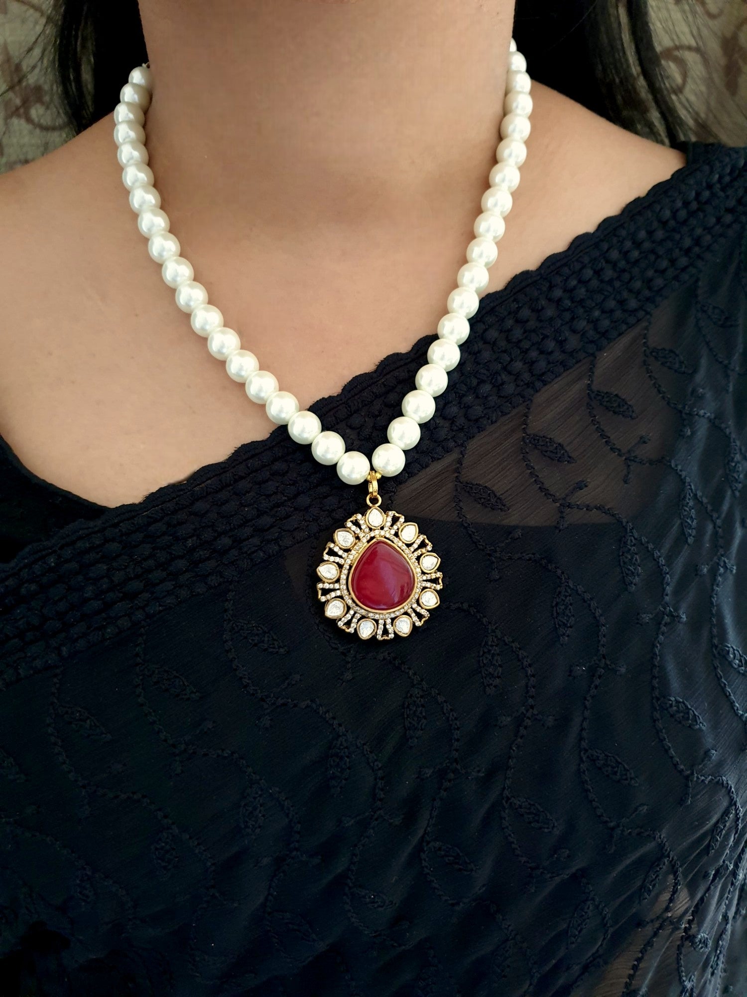Ruby Stone Polki Drop Pearl Pendant Set