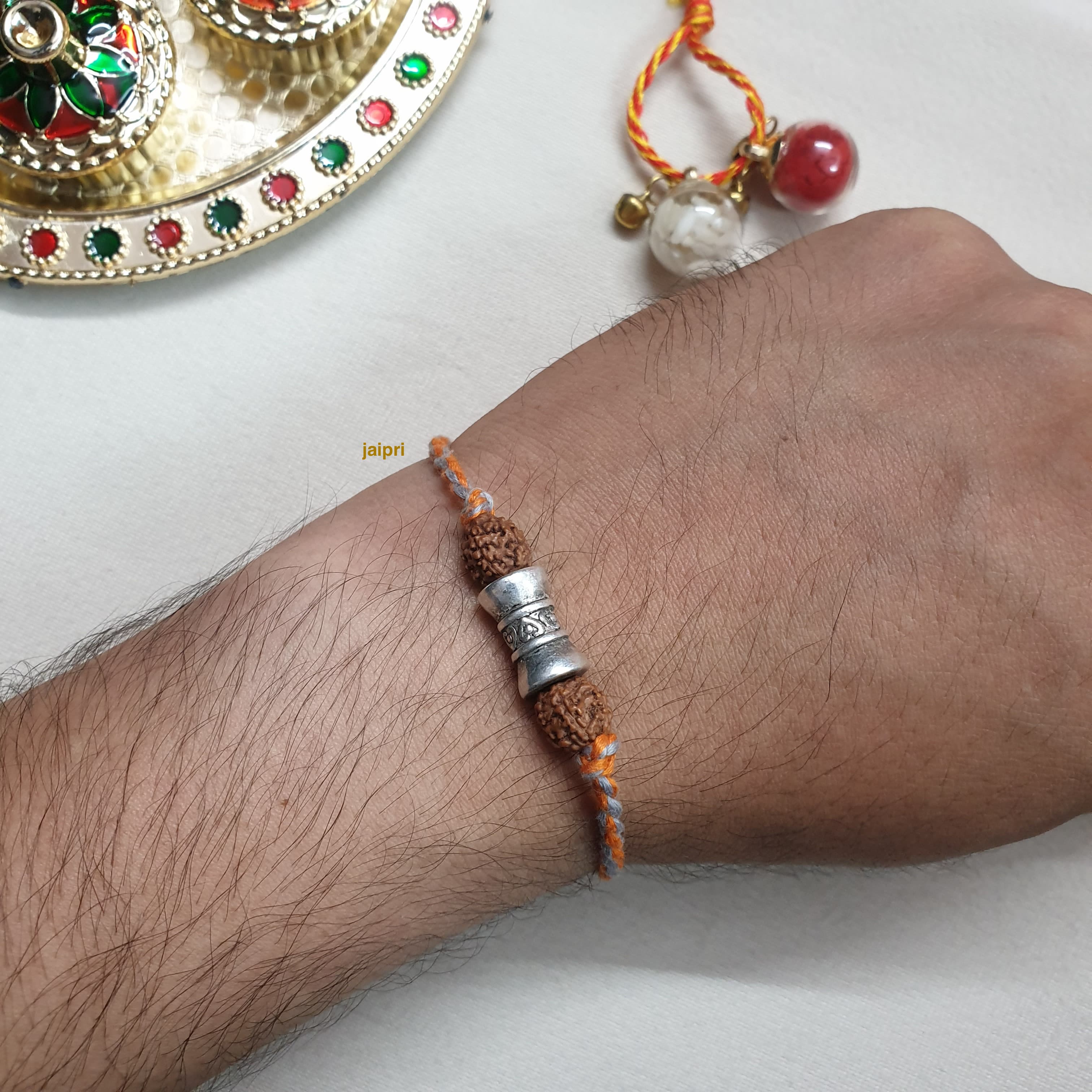 Silver LookaLike Beads Rudraksha Rakhi