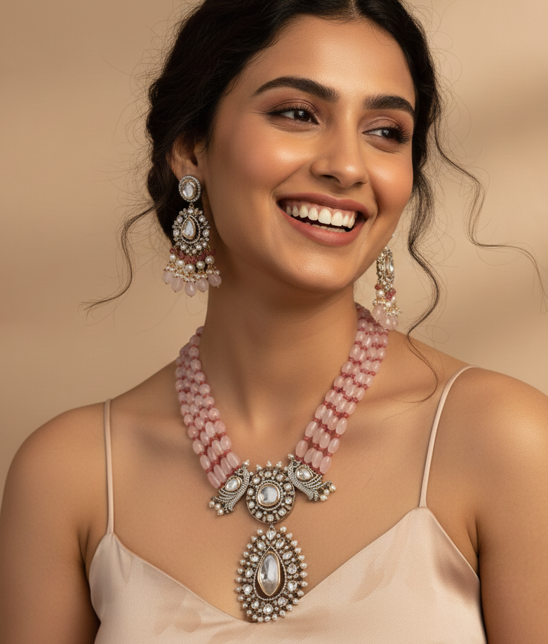 Rose Quartz Uncut Mossansite Kundan Pendant Set