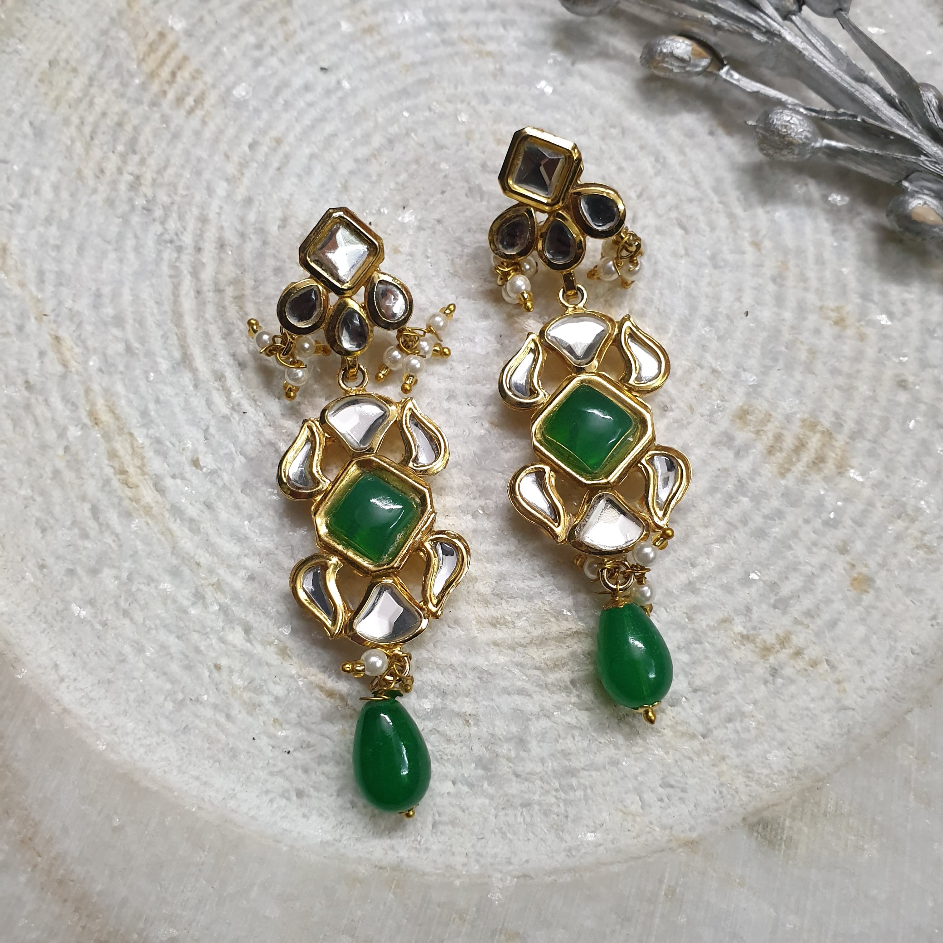 22k Gold Plated Emerald Green Stone Kundan Earrings