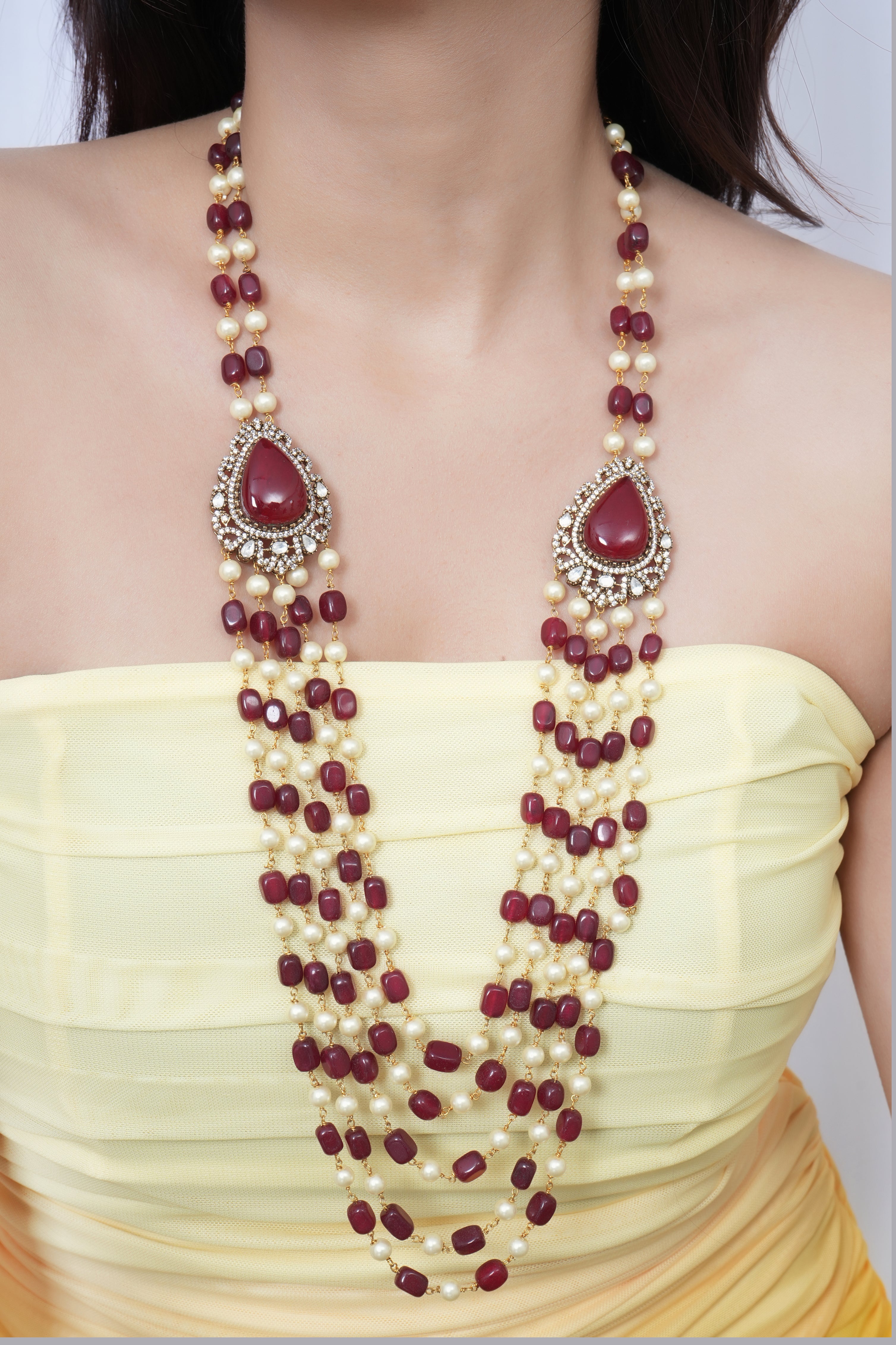 Pearl And Ruby Color Stone Beaded Necklace