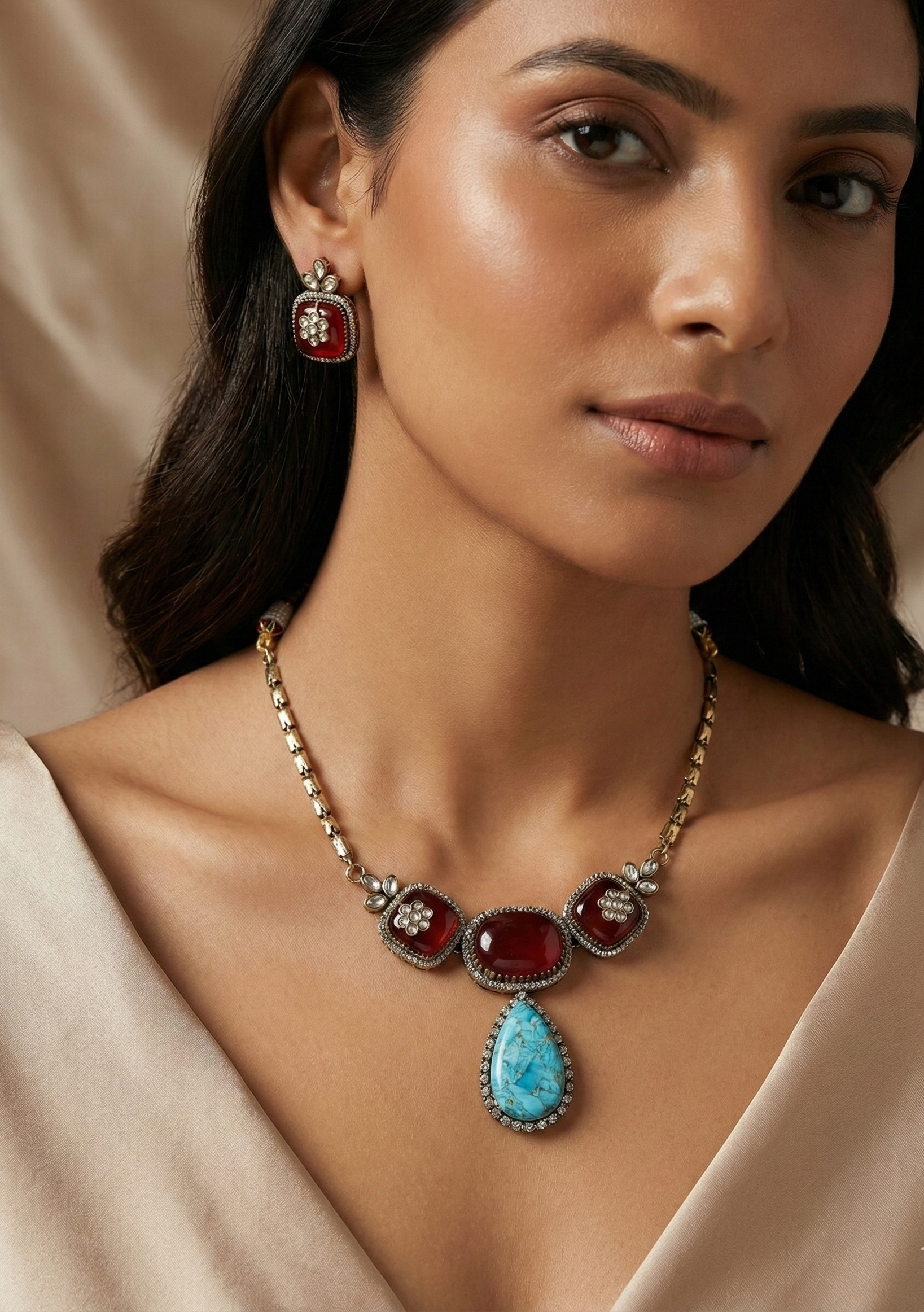 Red and Blue Stone Choker Necklace With Earrings