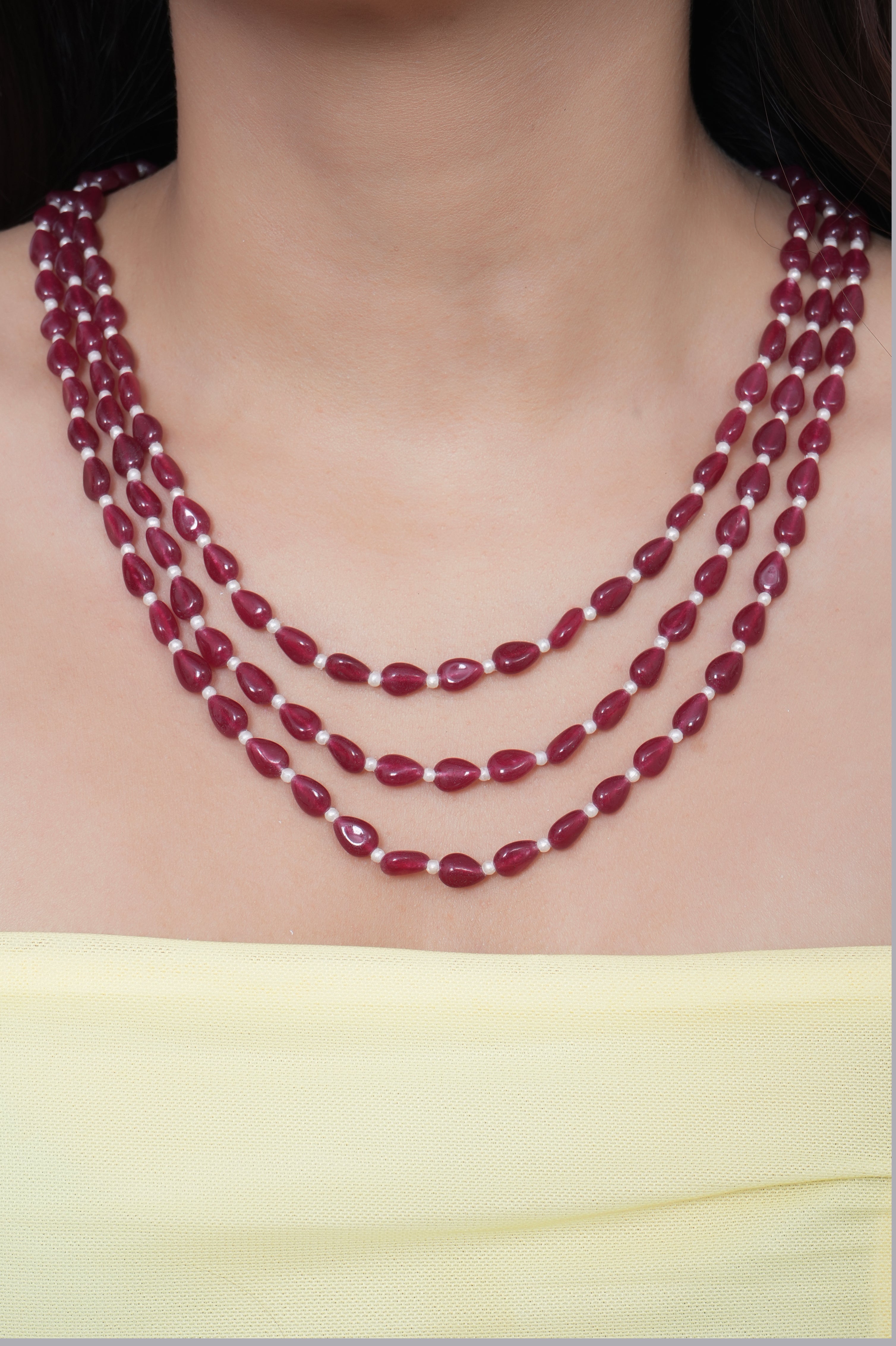 Three Layered Ruby Red Drop Beads Necklace