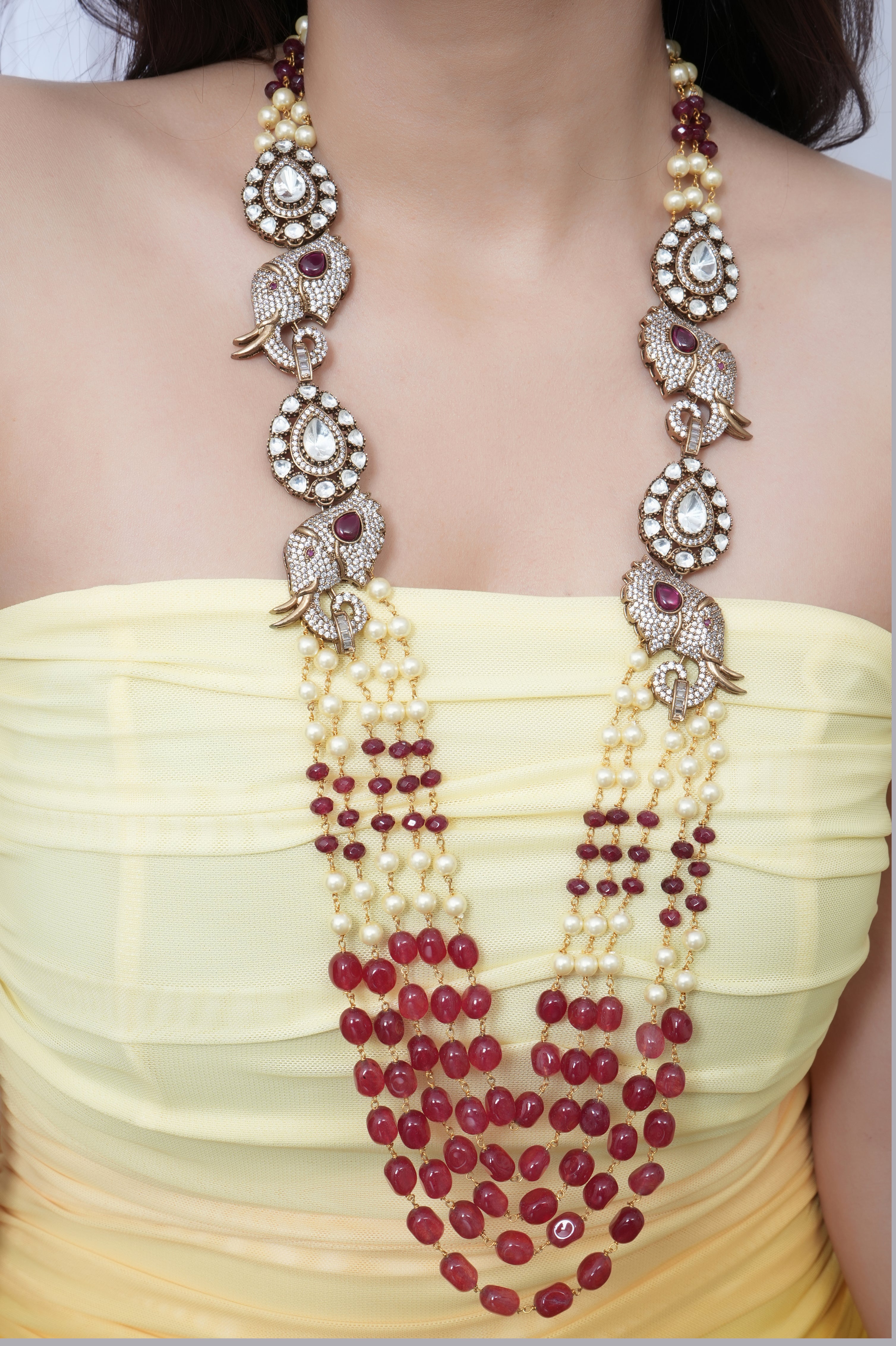 Ruby Stone And Pearl Beaded Necklace with Elephant Design Brooch