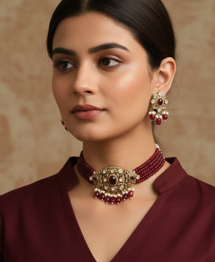 Maroon Stone Moissanite Kundan Pearl Choker Necklace